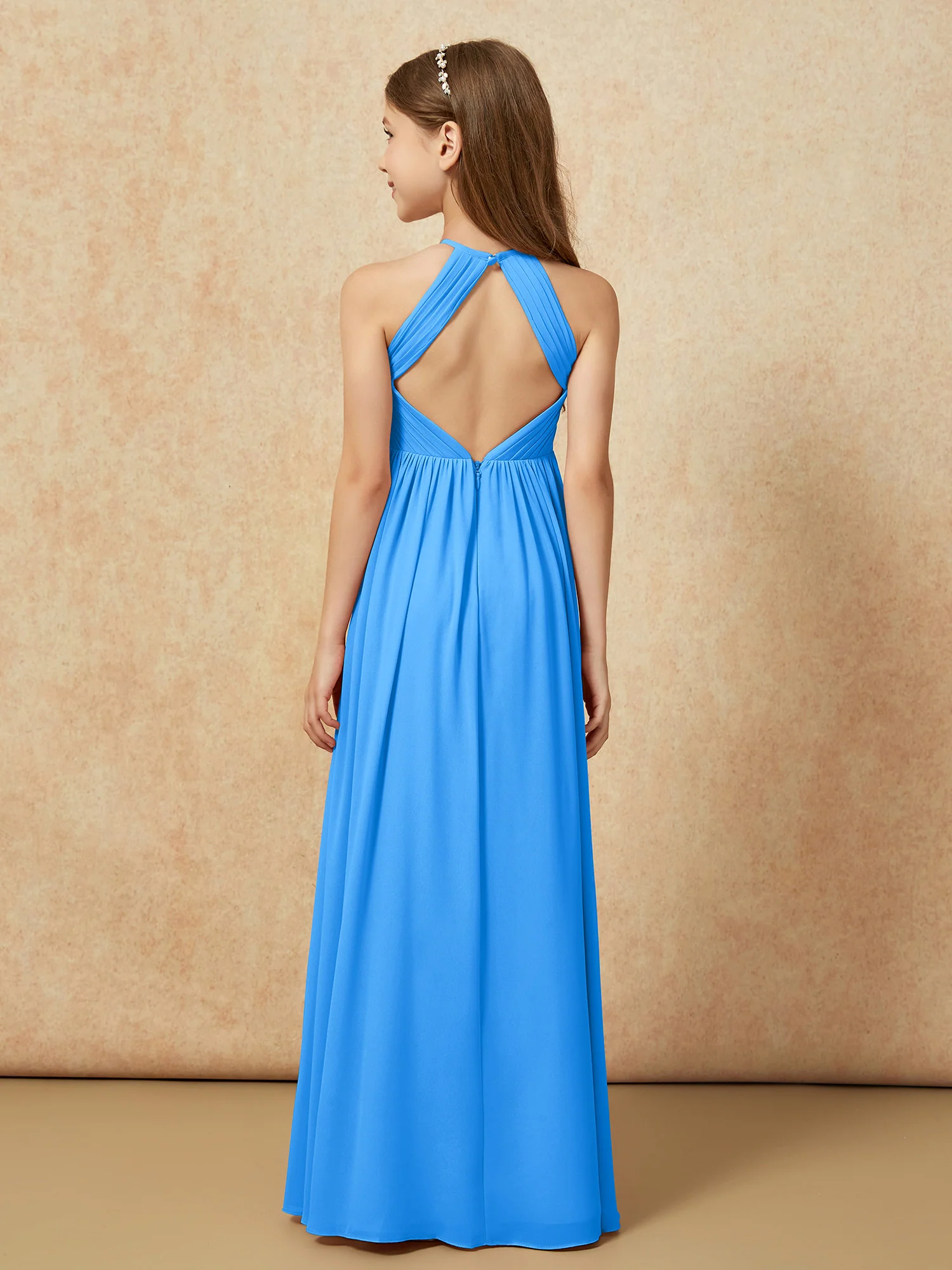 Halter Pleated Long Chiffon Junior Bridesmaid Dress Ocean Blue - Image 2