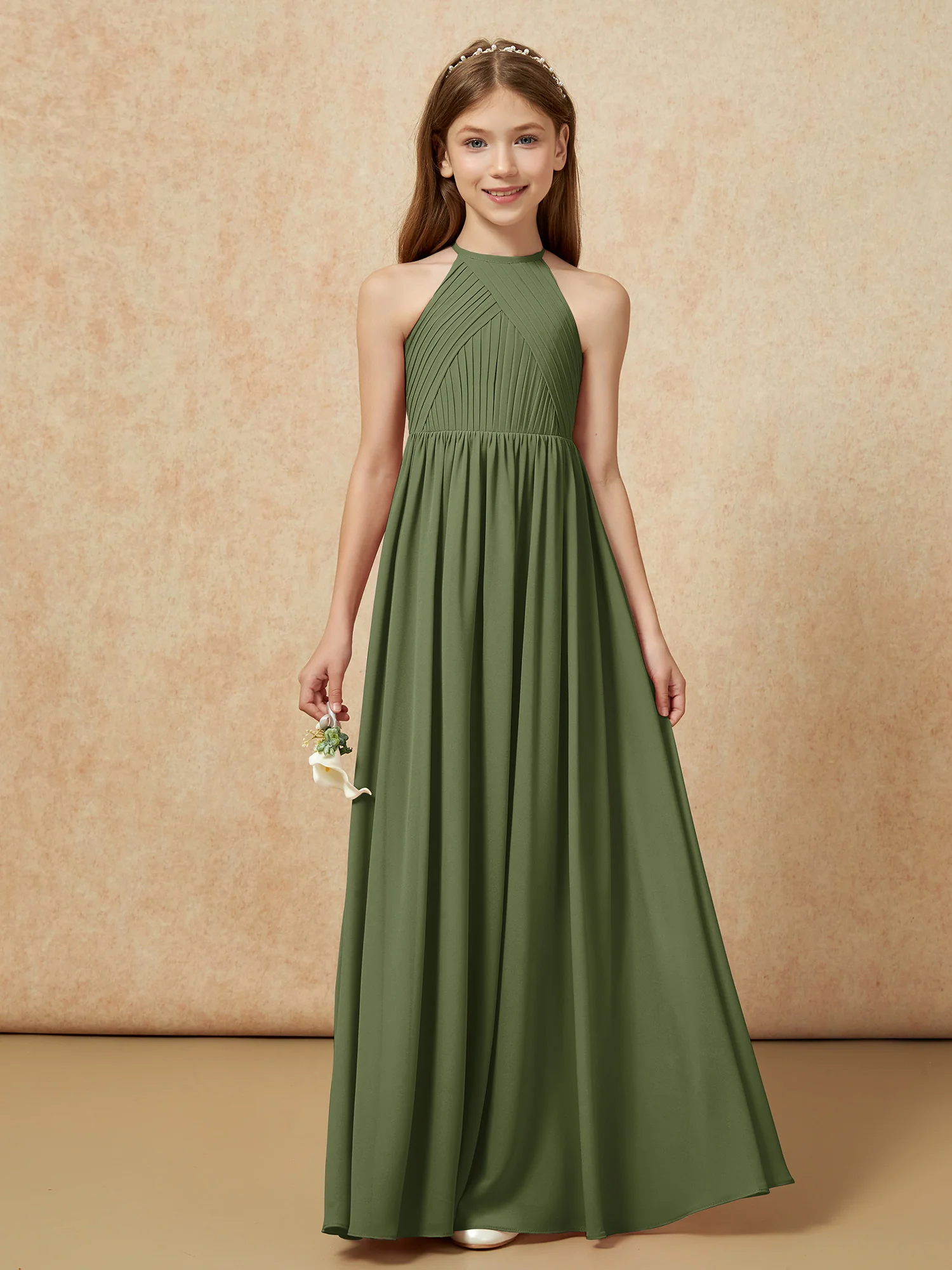 Halter Pleated Long Chiffon Junior Bridesmaid Dress Olive Green