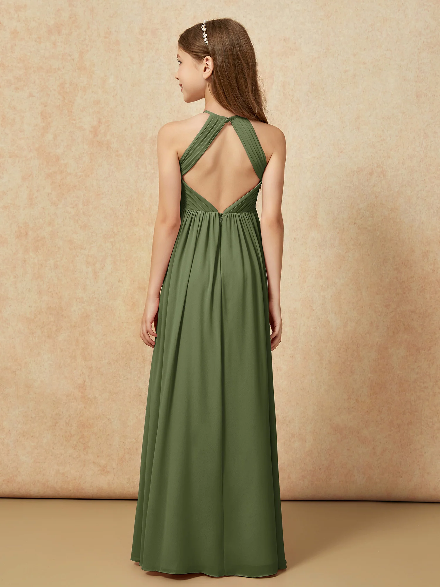 Halter Pleated Long Chiffon Junior Bridesmaid Dress Olive Green - Image 2