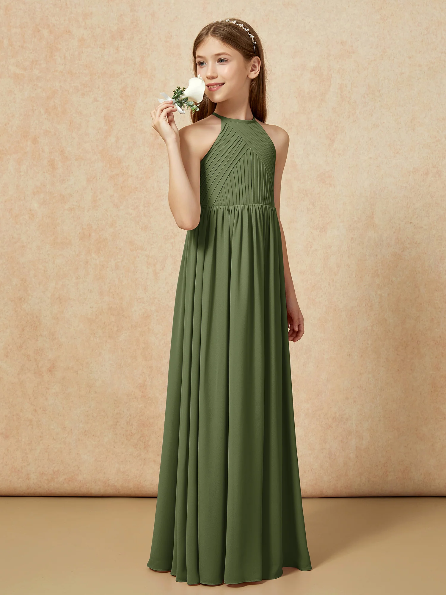 Halter Pleated Long Chiffon Junior Bridesmaid Dress Olive Green - Image 3