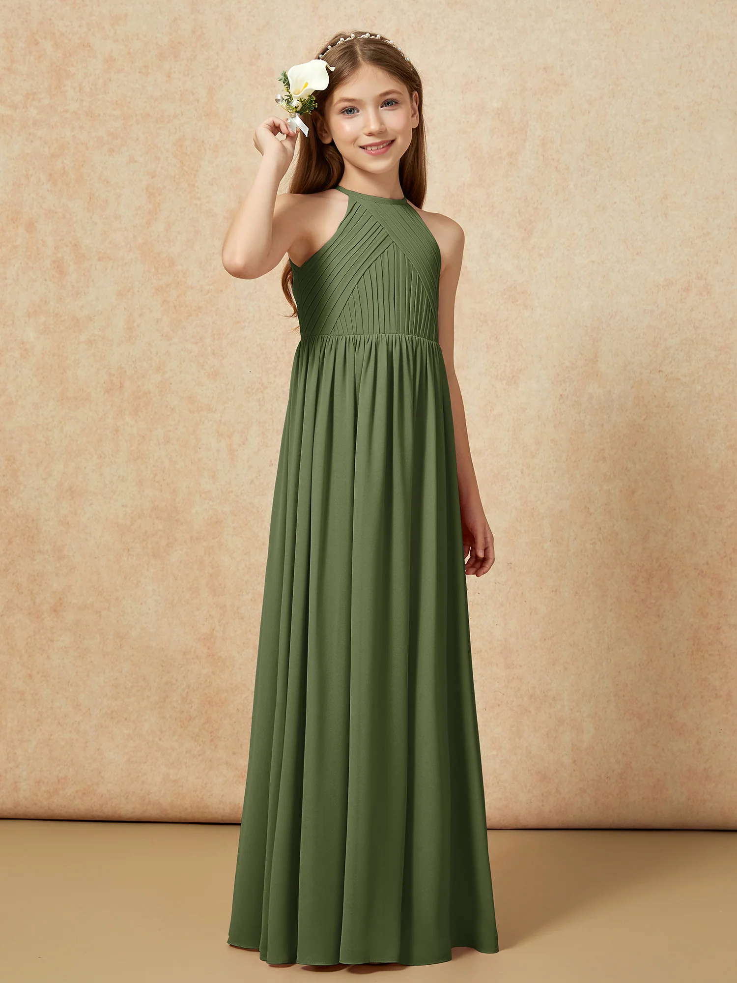 Halter Pleated Long Chiffon Junior Bridesmaid Dress Olive Green - Image 4