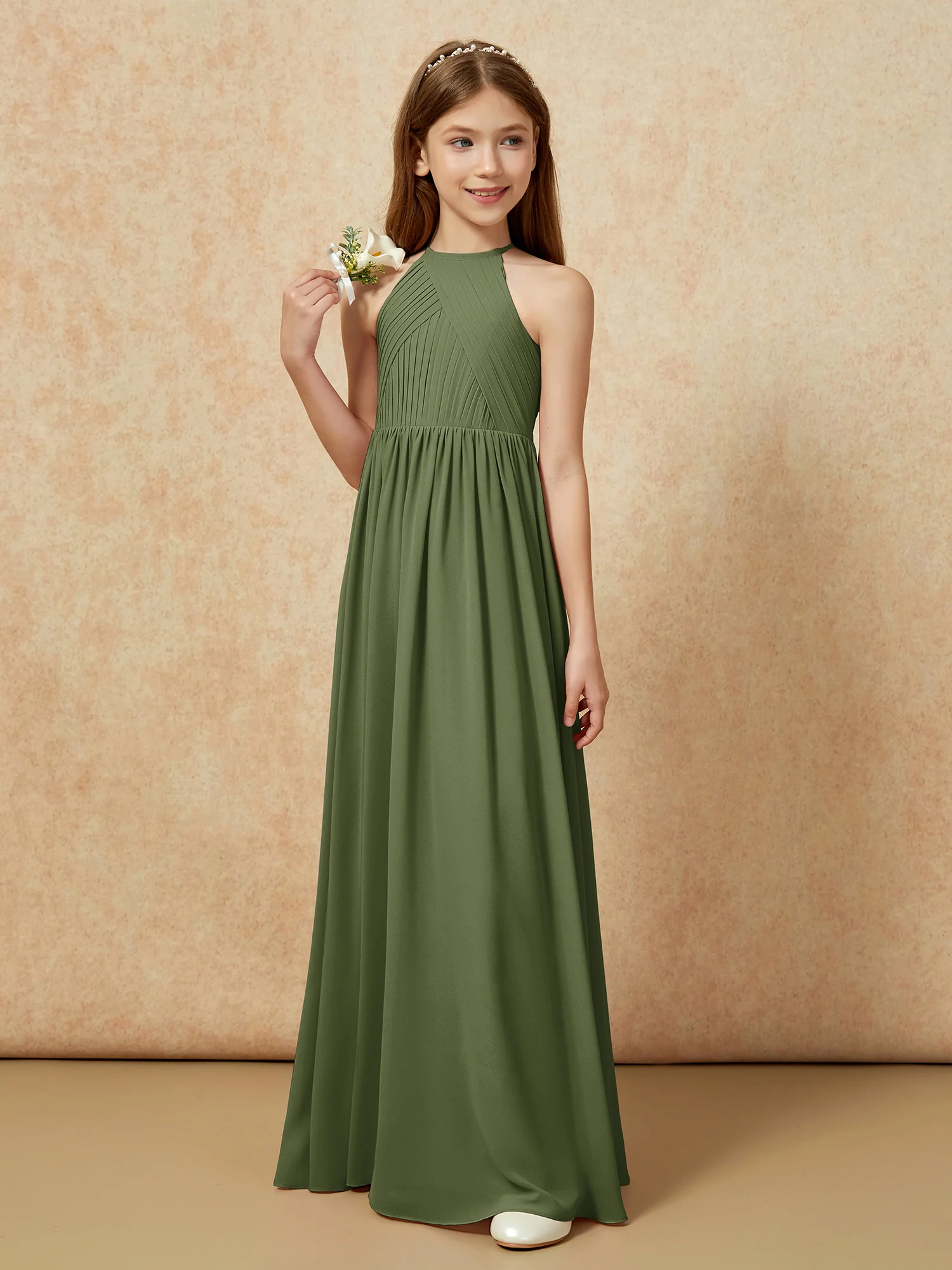 Halter Pleated Long Chiffon Junior Bridesmaid Dress Olive Green - Image 5