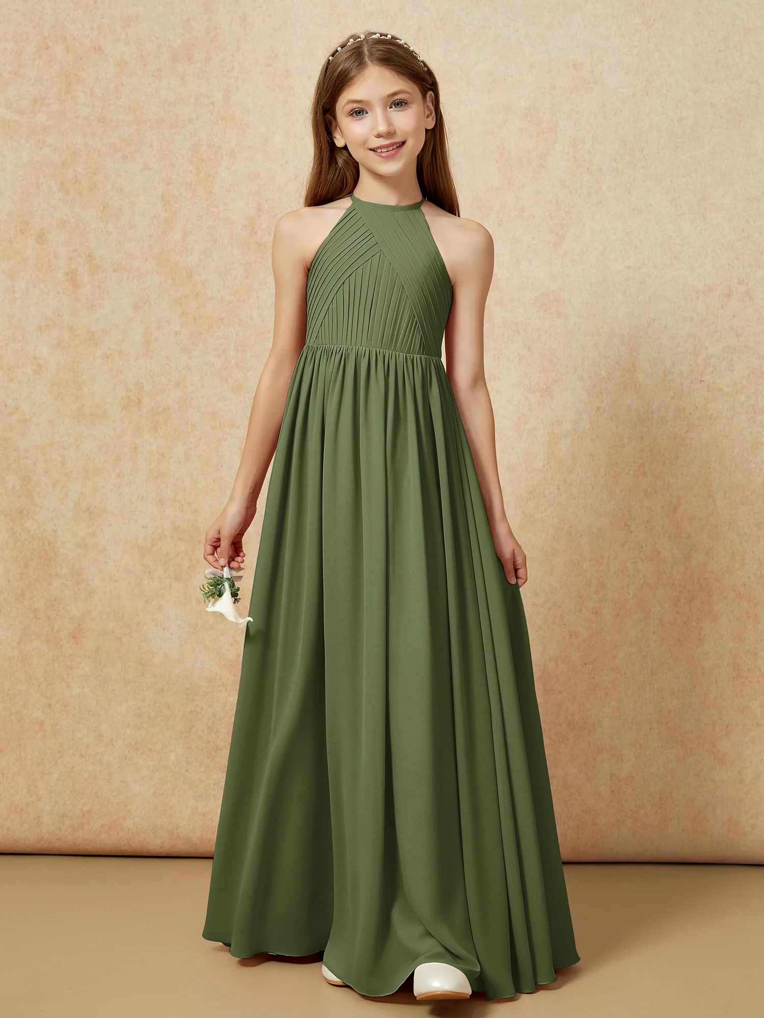 Halter Pleated Long Chiffon Junior Bridesmaid Dress Olive Green - Image 6