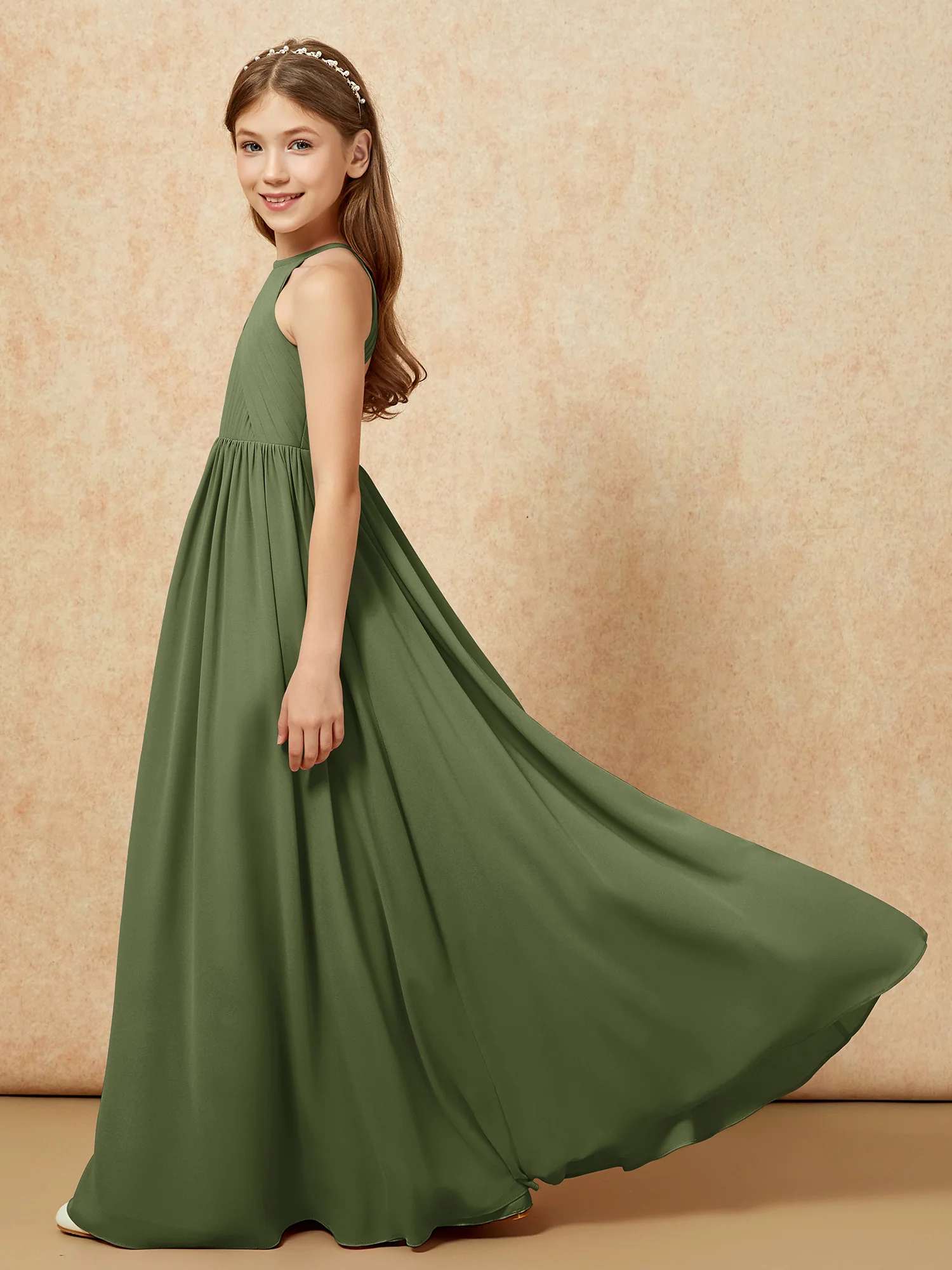 Halter Pleated Long Chiffon Junior Bridesmaid Dress Olive Green - Image 7