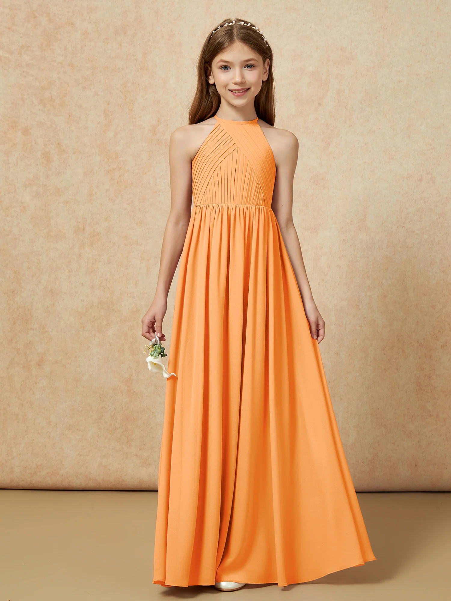 Halter Pleated Long Chiffon Junior Bridesmaid Dress Orange