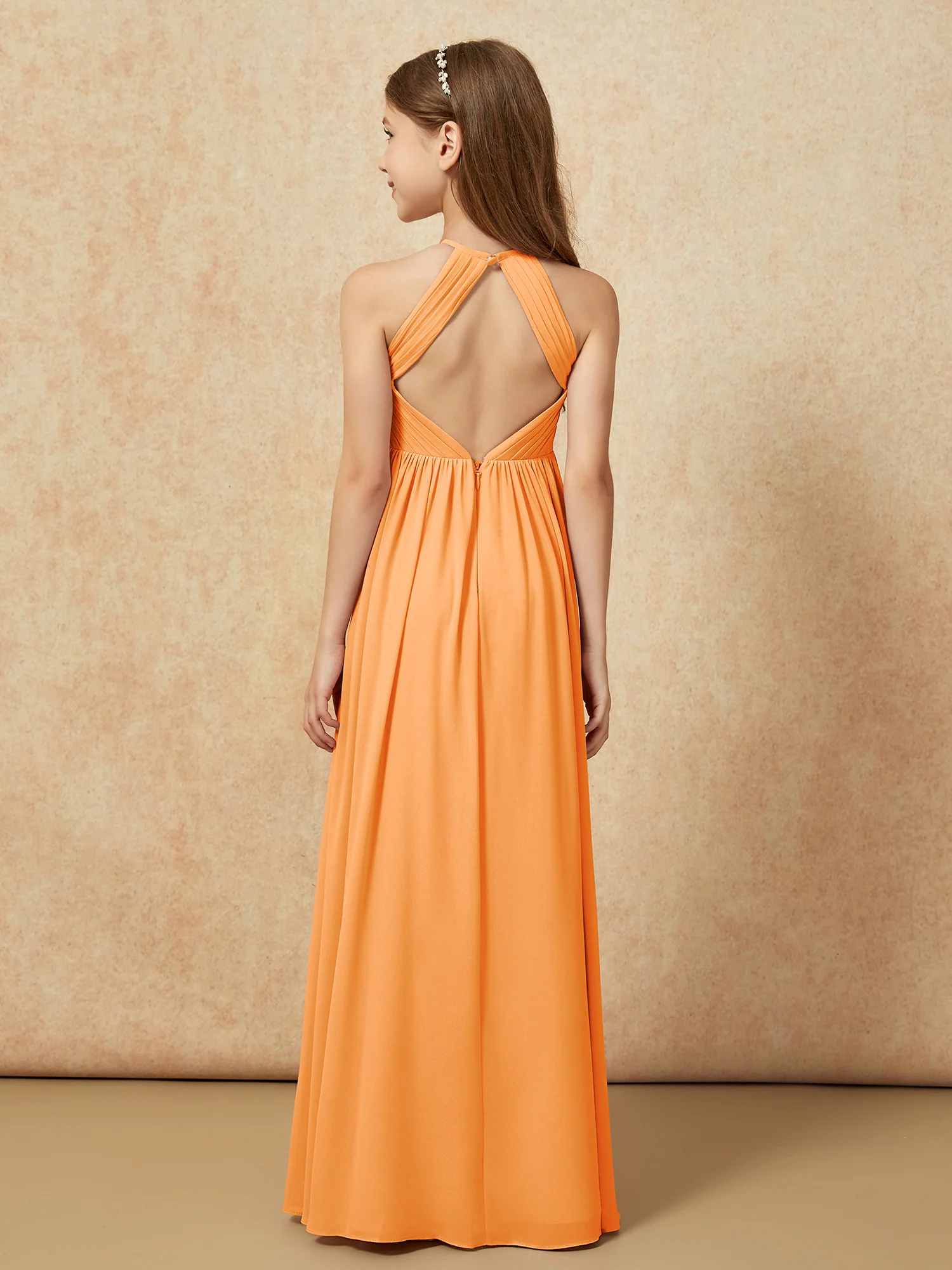 Halter Pleated Long Chiffon Junior Bridesmaid Dress Orange - Image 2