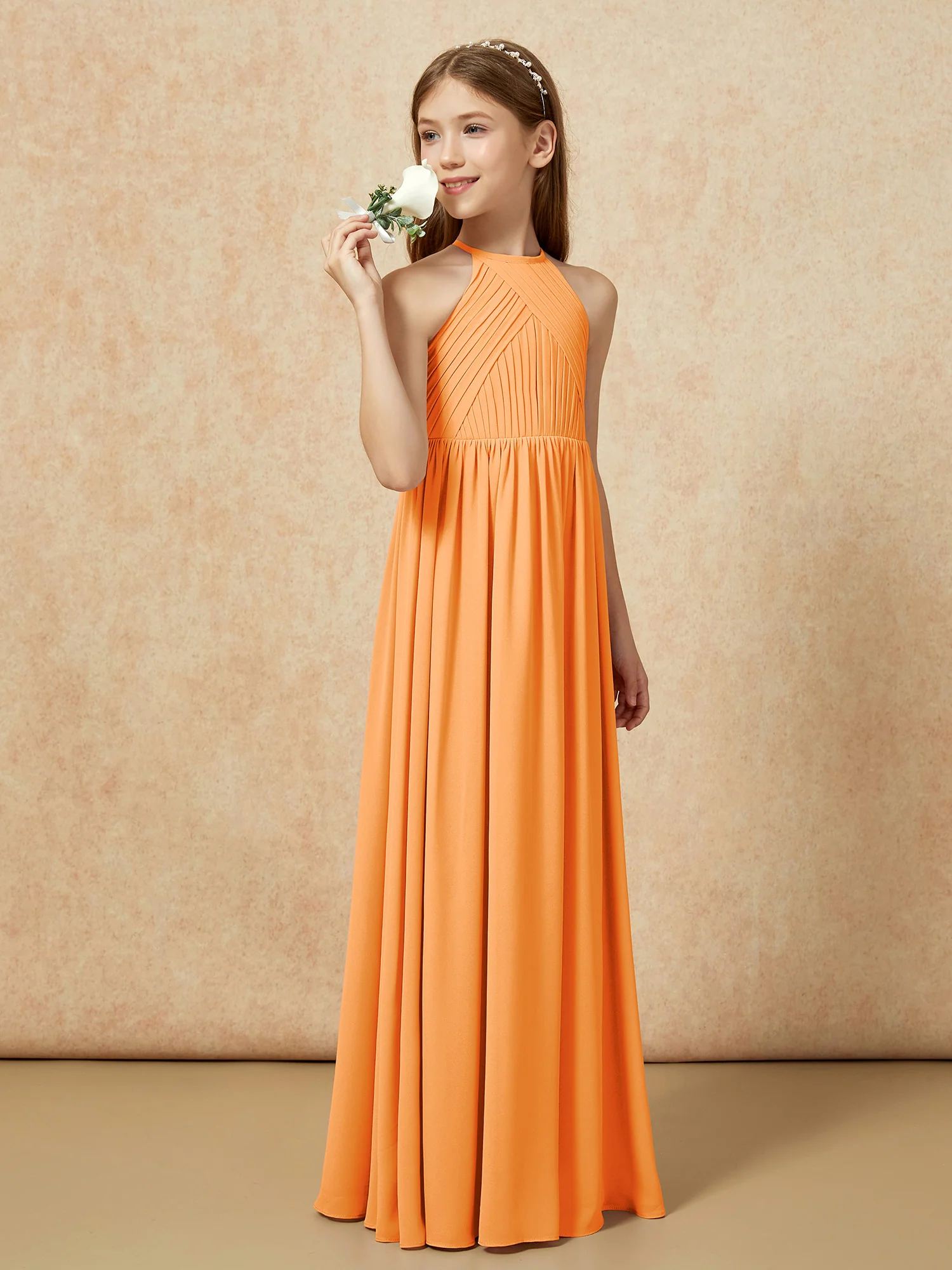 Halter Pleated Long Chiffon Junior Bridesmaid Dress Orange - Image 3