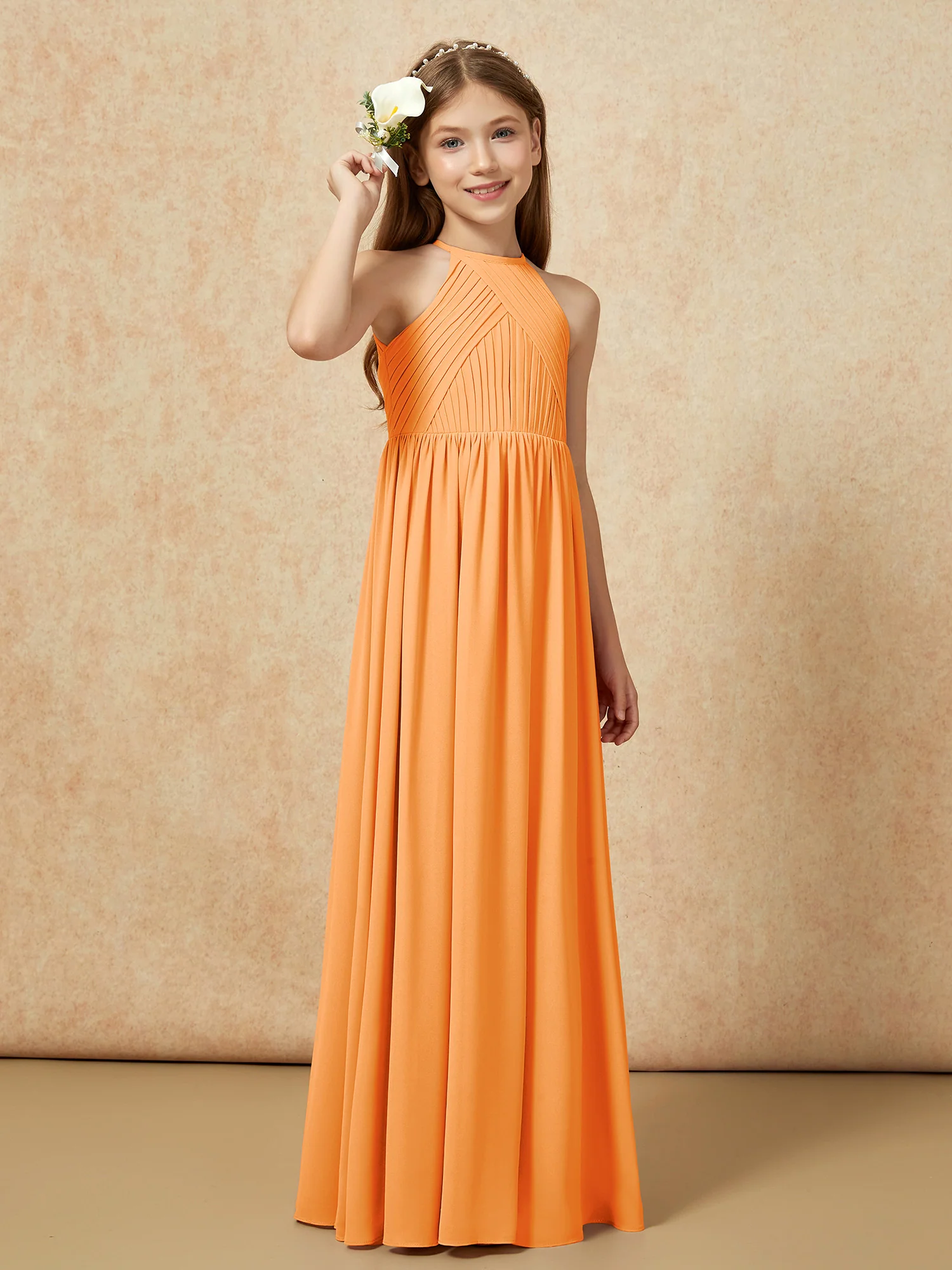 Halter Pleated Long Chiffon Junior Bridesmaid Dress Orange - Image 4