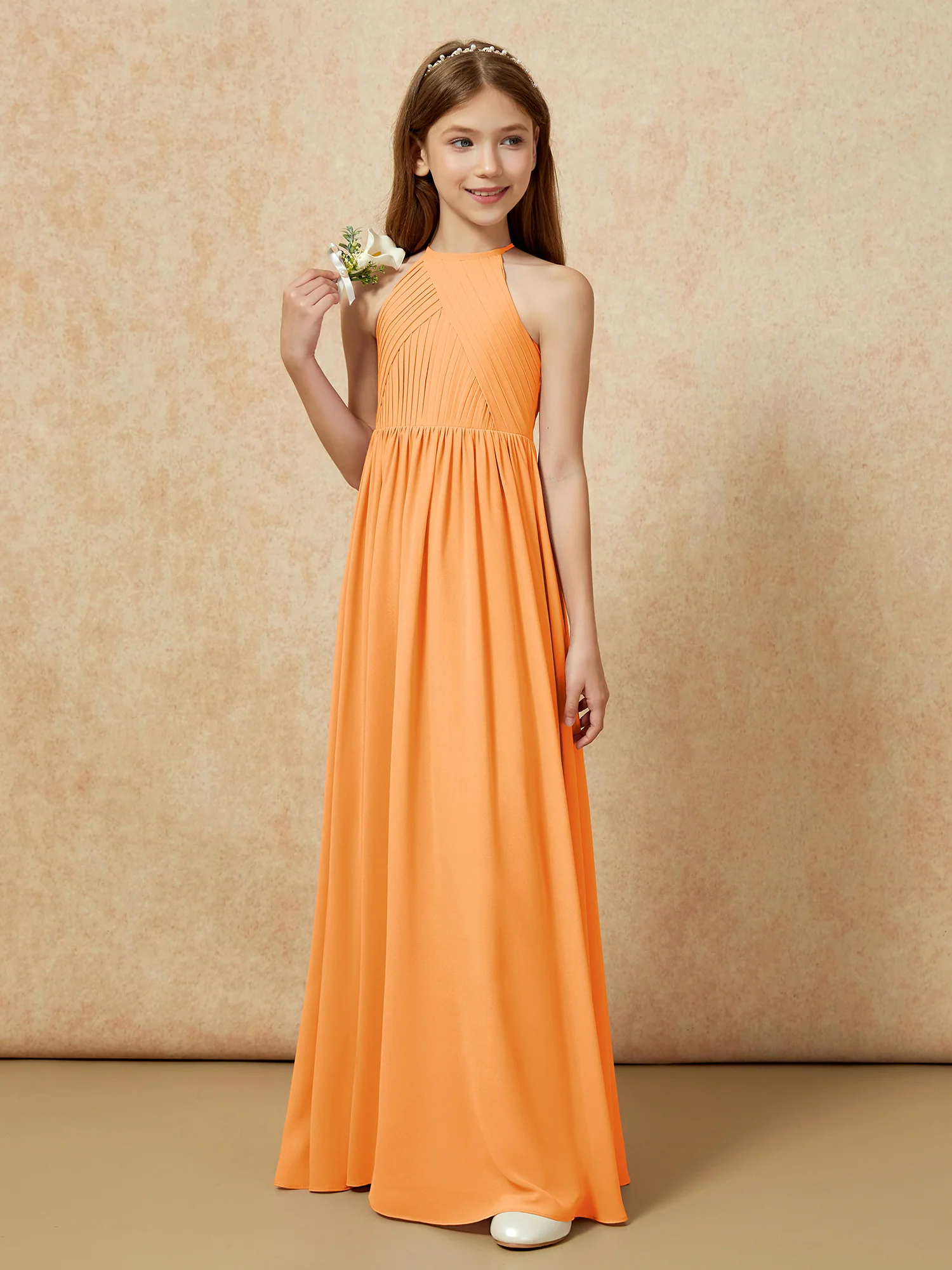 Halter Pleated Long Chiffon Junior Bridesmaid Dress Orange - Image 5