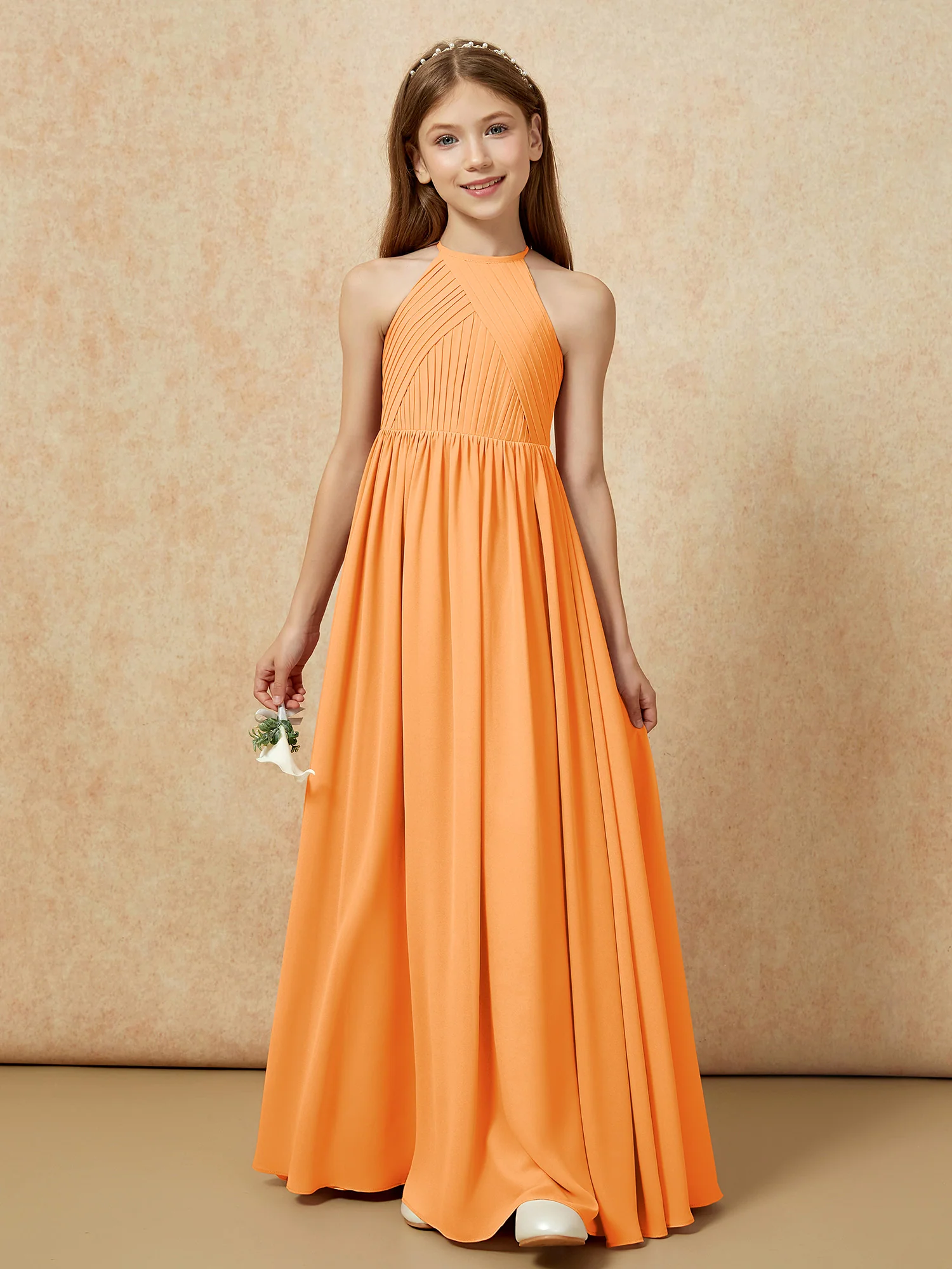 Halter Pleated Long Chiffon Junior Bridesmaid Dress Orange - Image 6