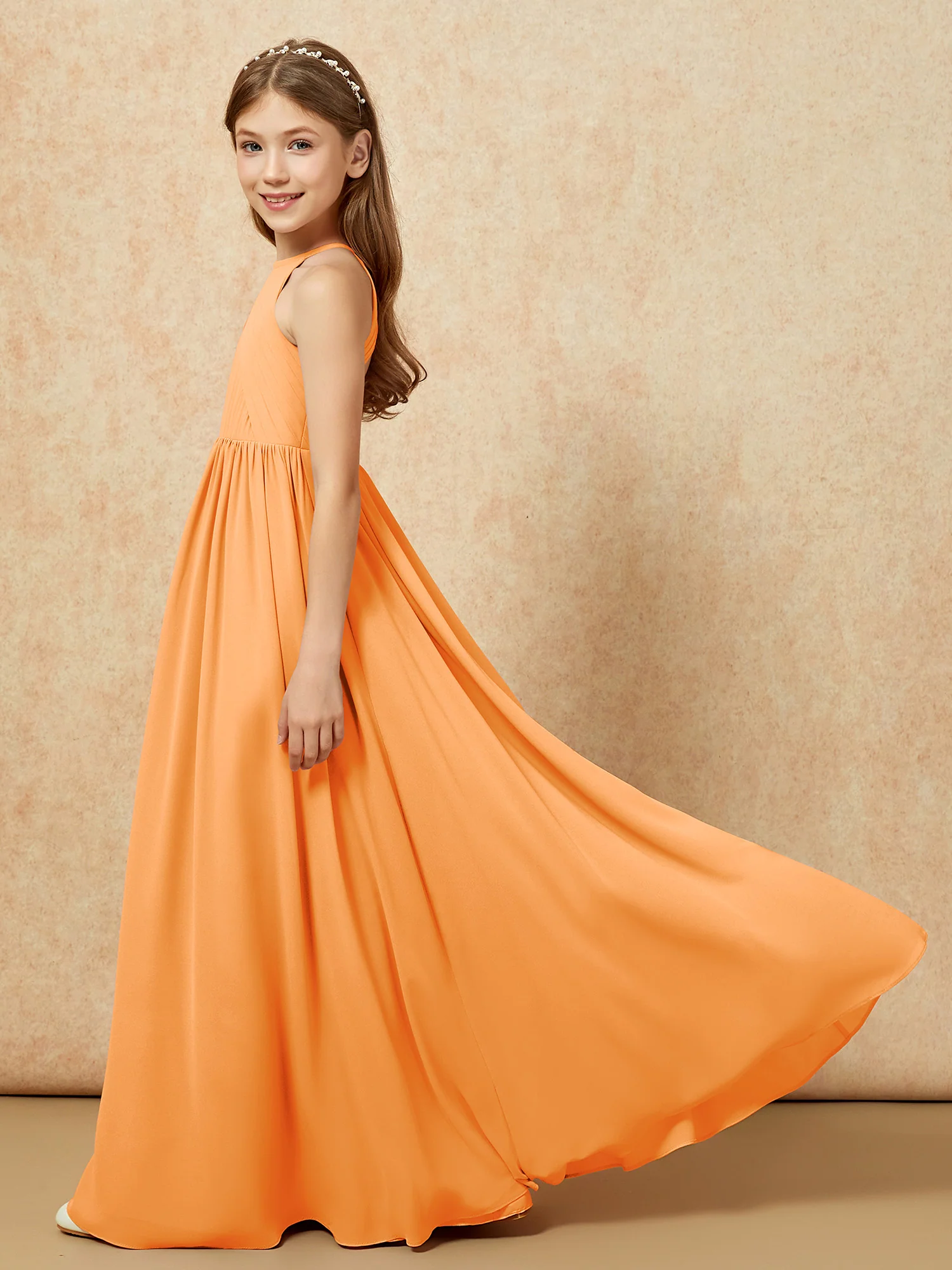 Halter Pleated Long Chiffon Junior Bridesmaid Dress Orange - Image 7