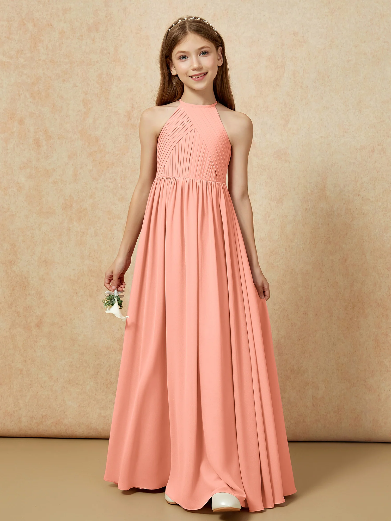 Halter Pleated Long Chiffon Junior Bridesmaid Dress Papaya - Image 6