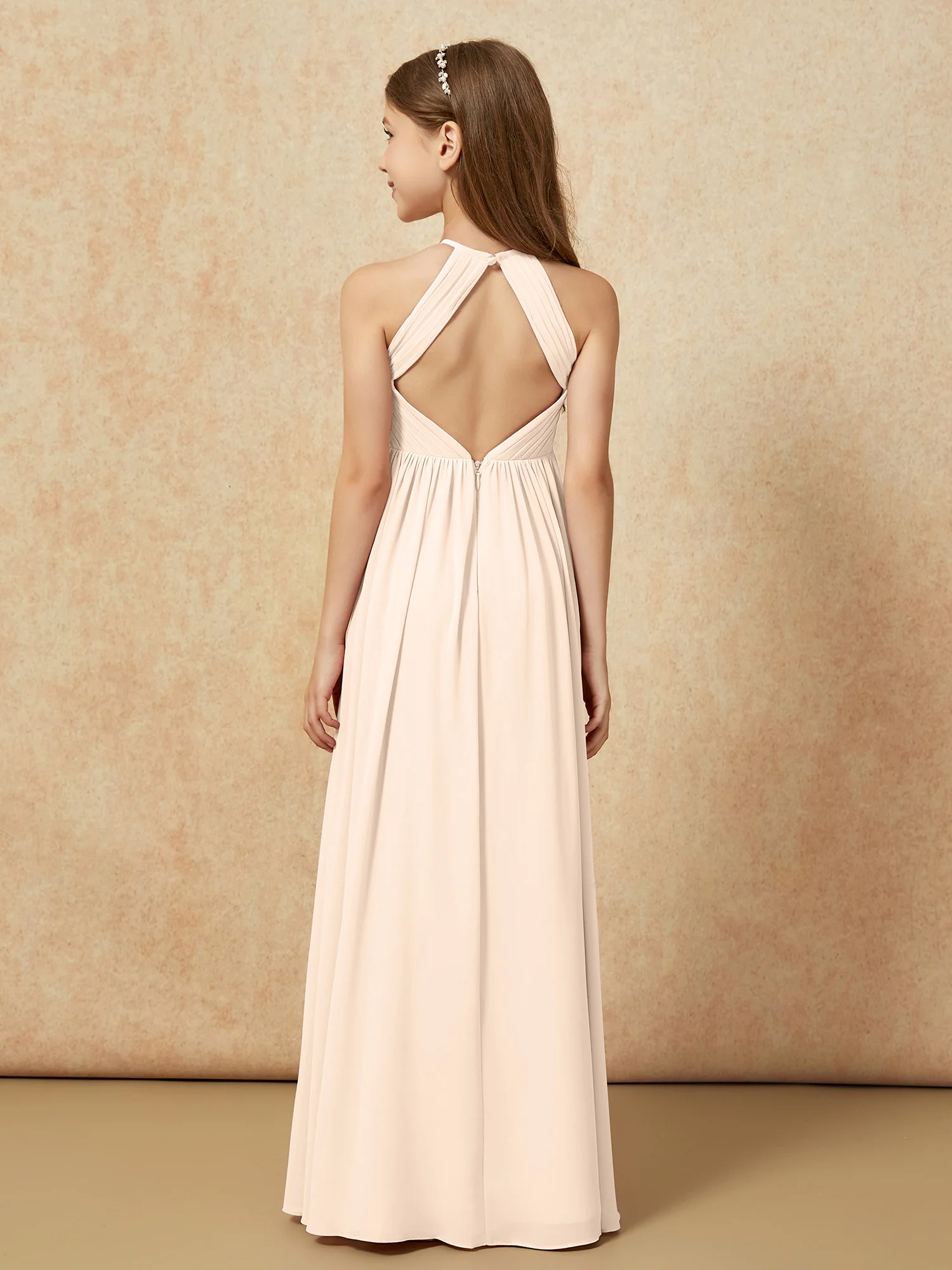 Halter Pleated Long Chiffon Junior Bridesmaid Dress Peach - Image 2