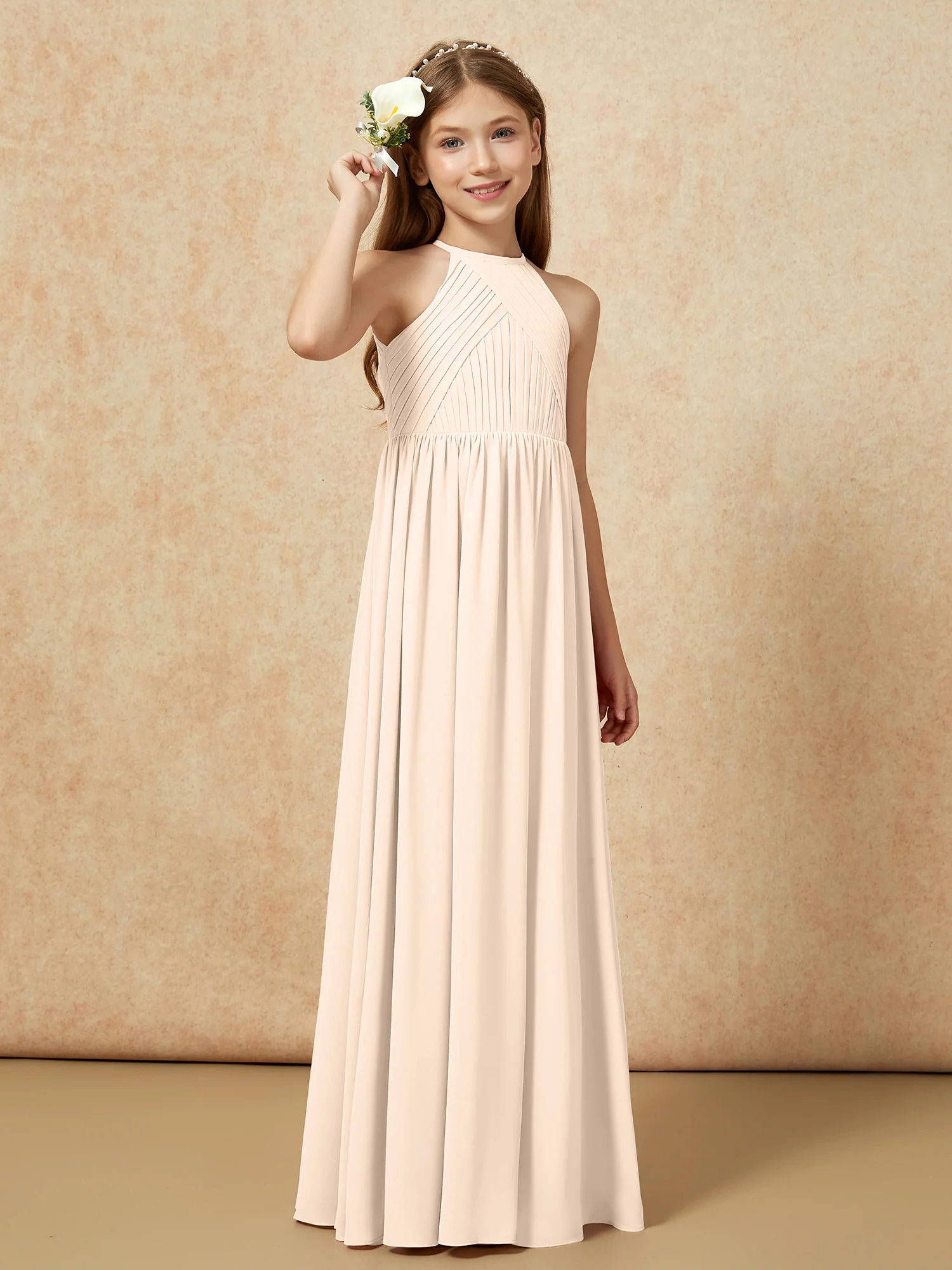 Halter Pleated Long Chiffon Junior Bridesmaid Dress Peach - Image 4