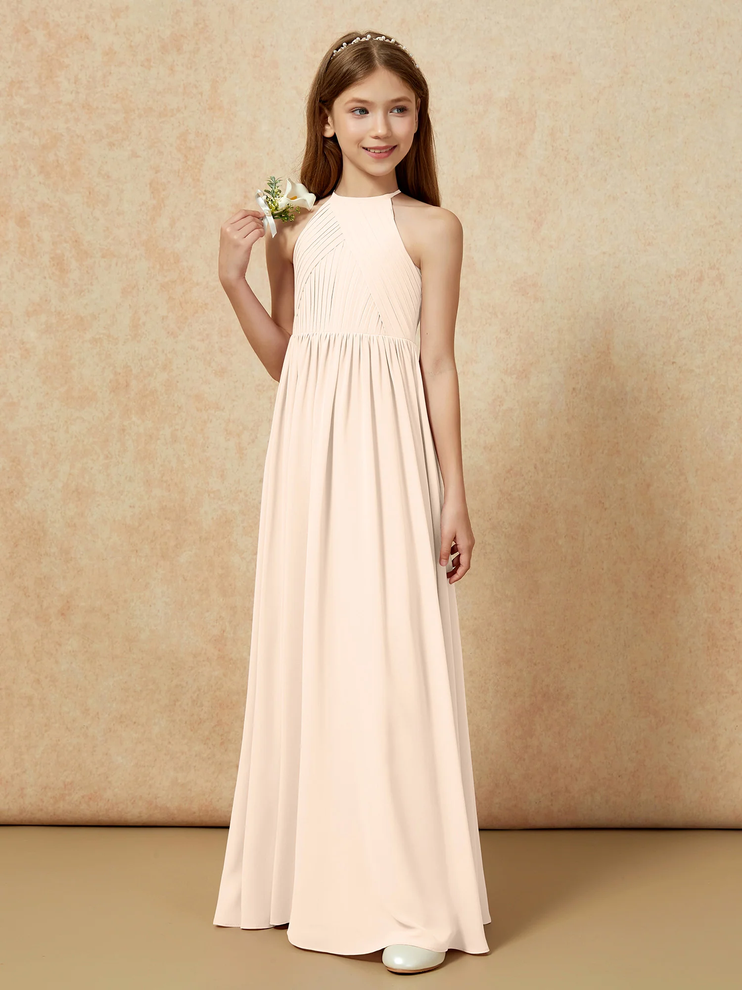 Halter Pleated Long Chiffon Junior Bridesmaid Dress Peach - Image 5