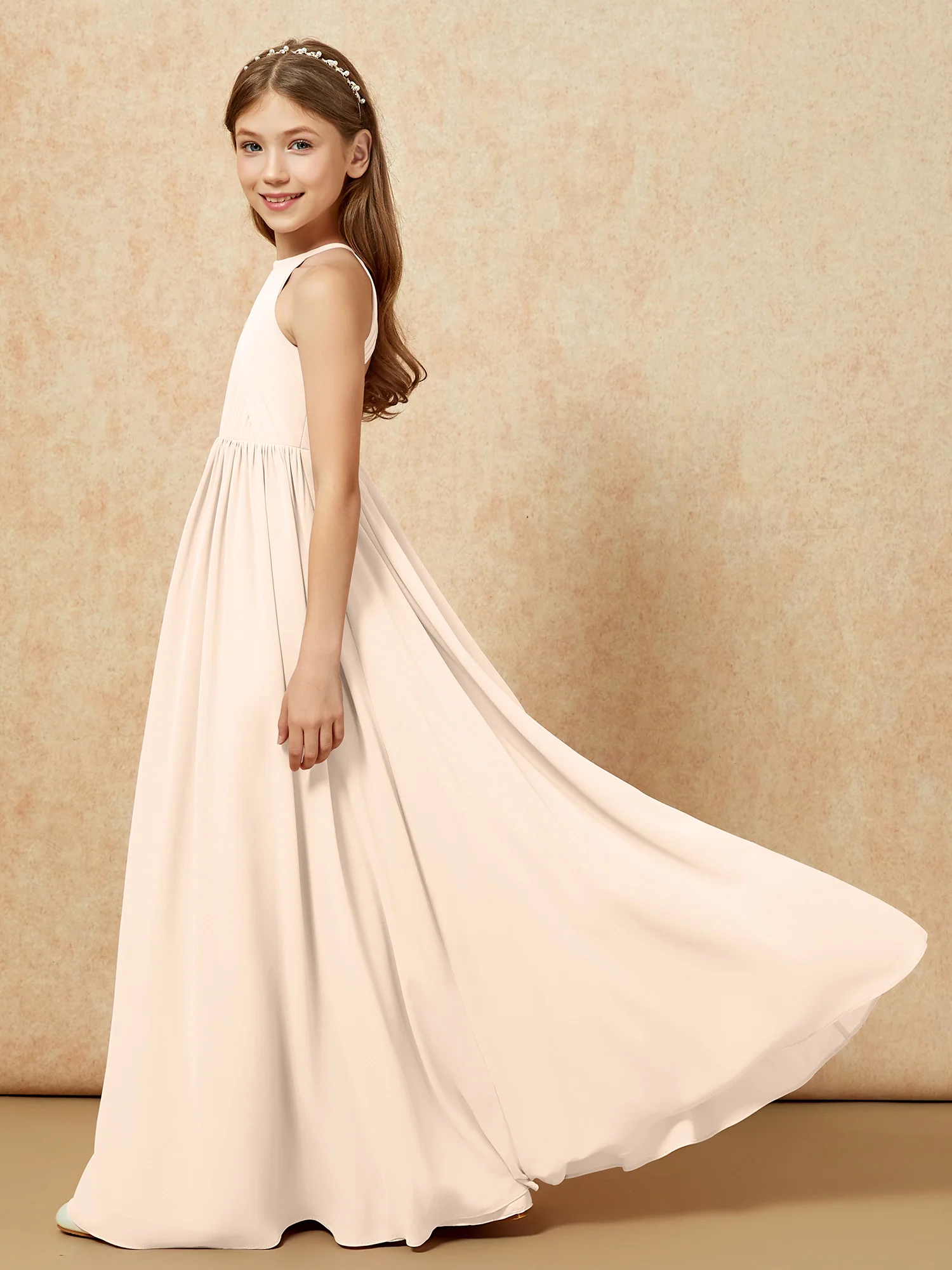 Halter Pleated Long Chiffon Junior Bridesmaid Dress Peach - Image 7