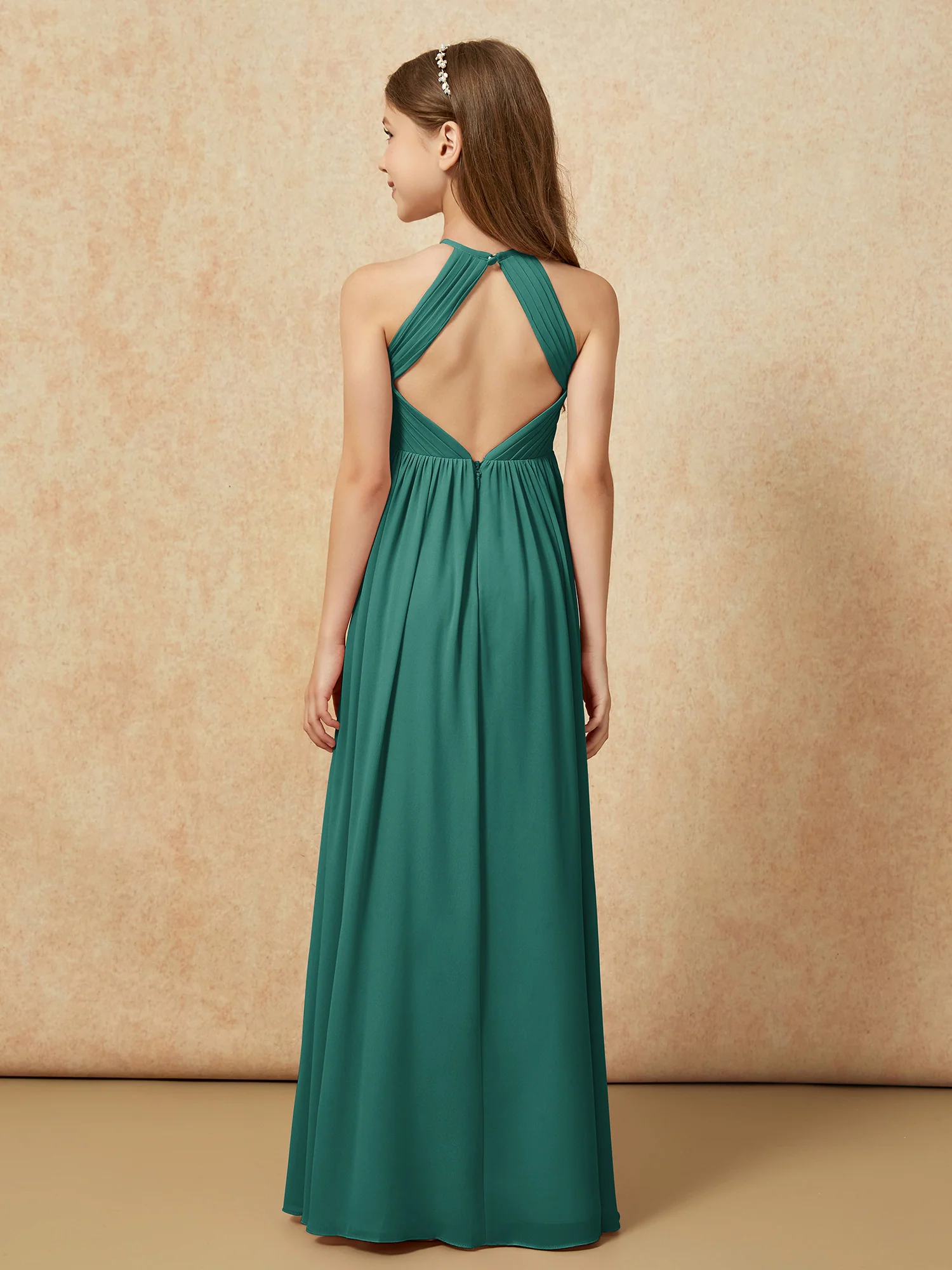 Halter Pleated Long Chiffon Junior Bridesmaid Dress Peacock - Image 2