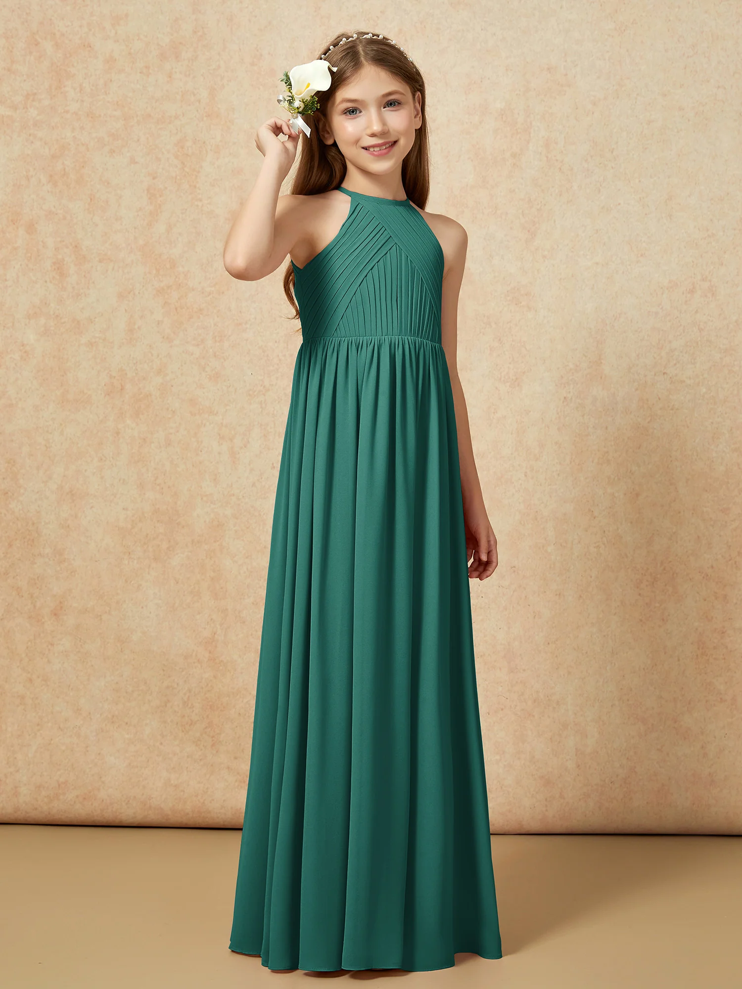 Halter Pleated Long Chiffon Junior Bridesmaid Dress Peacock - Image 4
