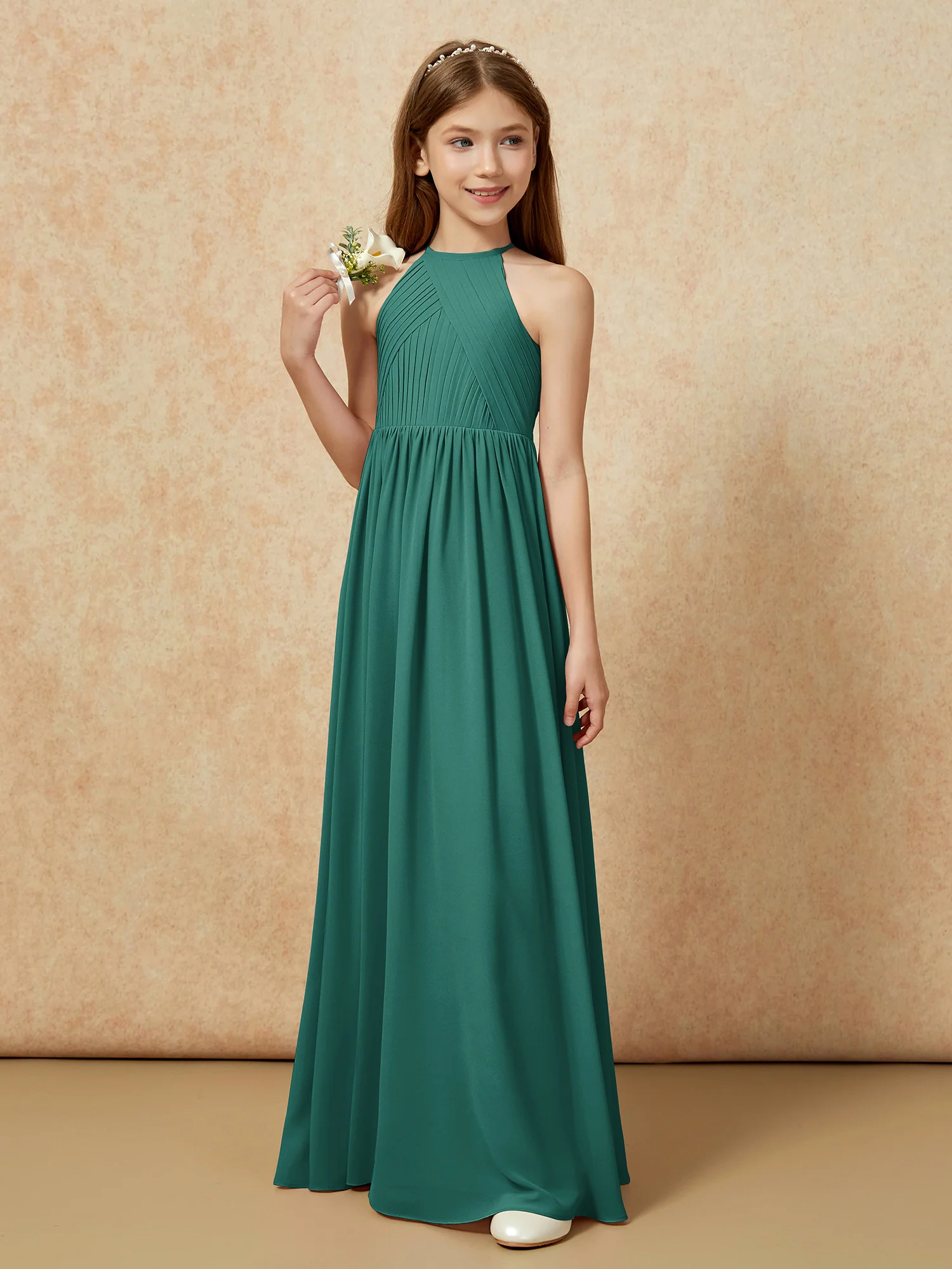 Halter Pleated Long Chiffon Junior Bridesmaid Dress Peacock - Image 5