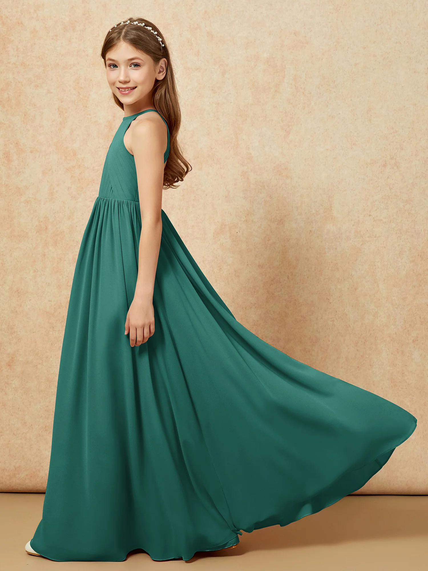Halter Pleated Long Chiffon Junior Bridesmaid Dress Peacock - Image 7