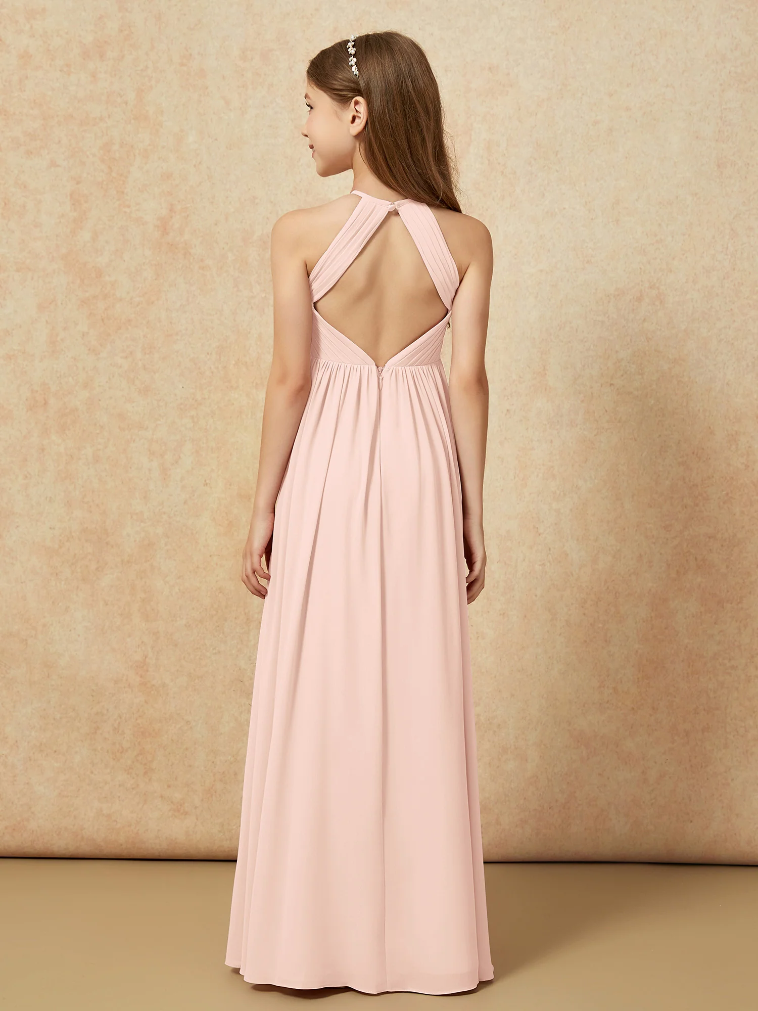 Halter Pleated Long Chiffon Junior Bridesmaid Dress Pearl Pink - Image 2