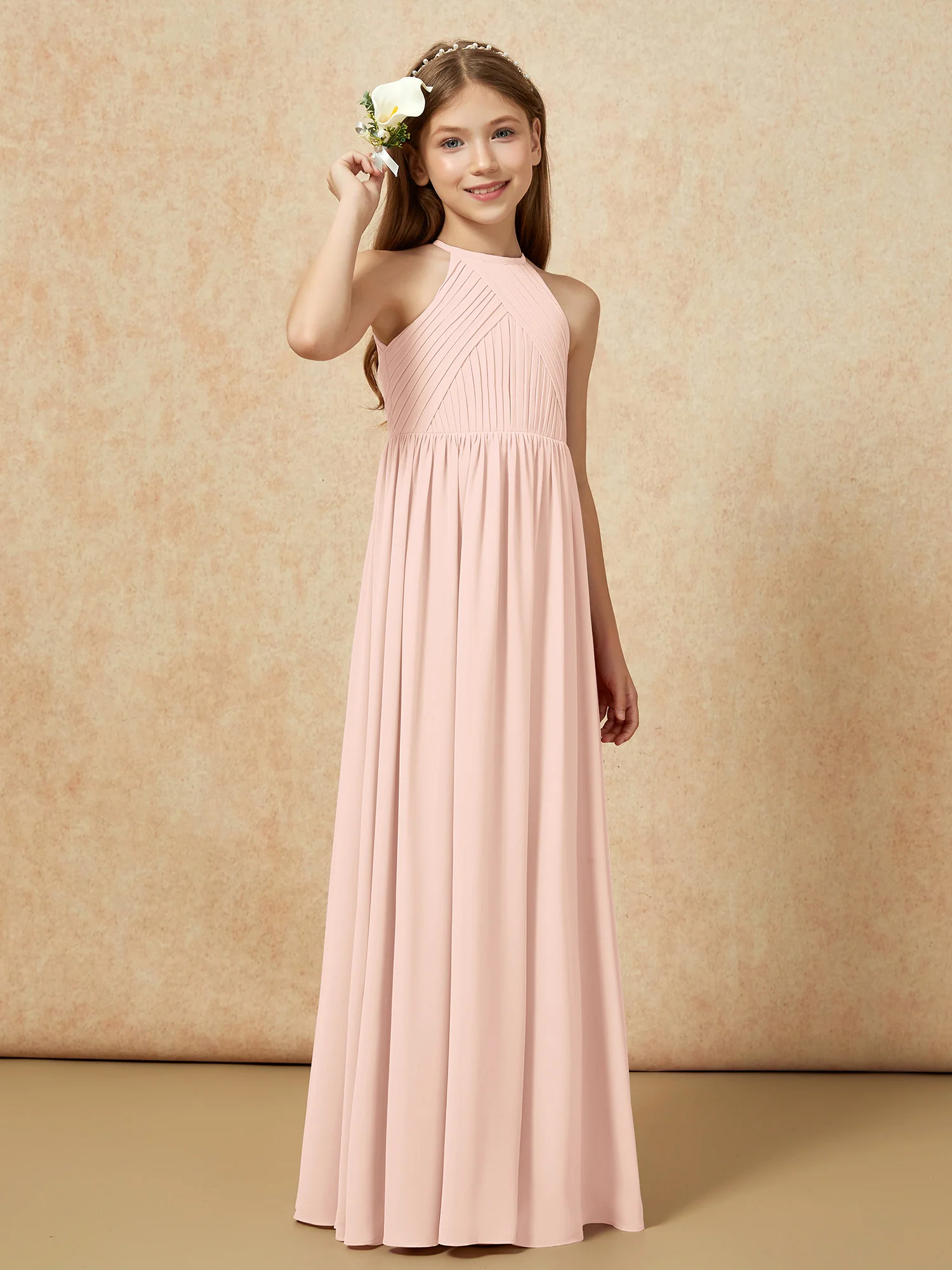Halter Pleated Long Chiffon Junior Bridesmaid Dress Pearl Pink - Image 4