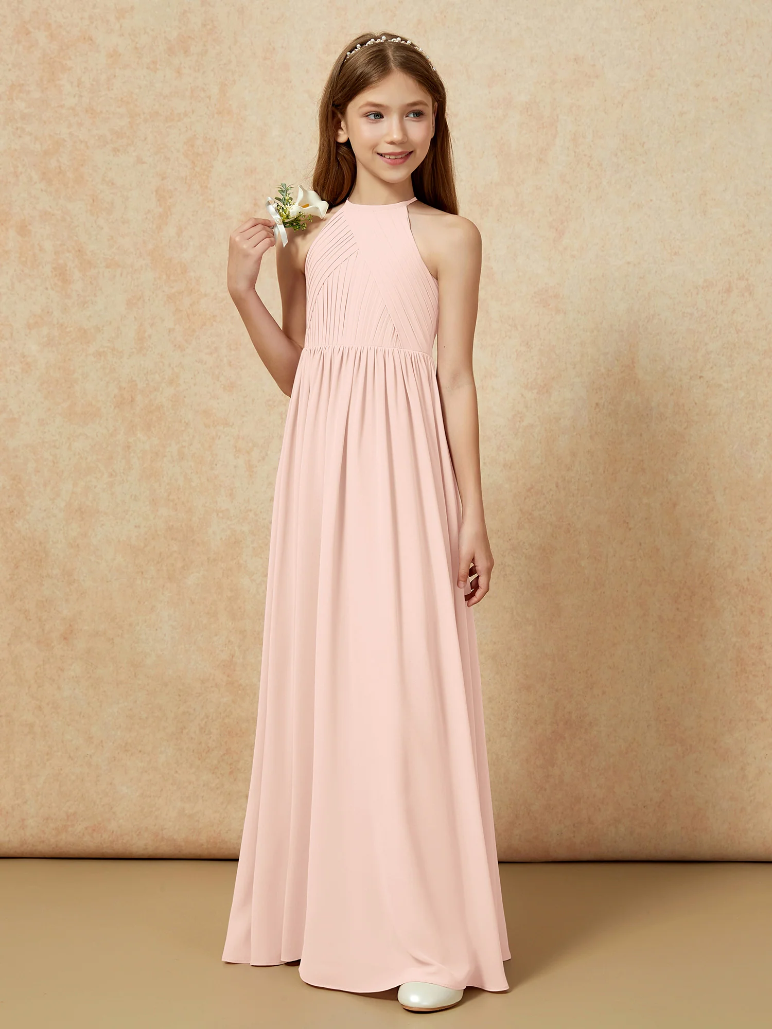 Halter Pleated Long Chiffon Junior Bridesmaid Dress Pearl Pink - Image 5
