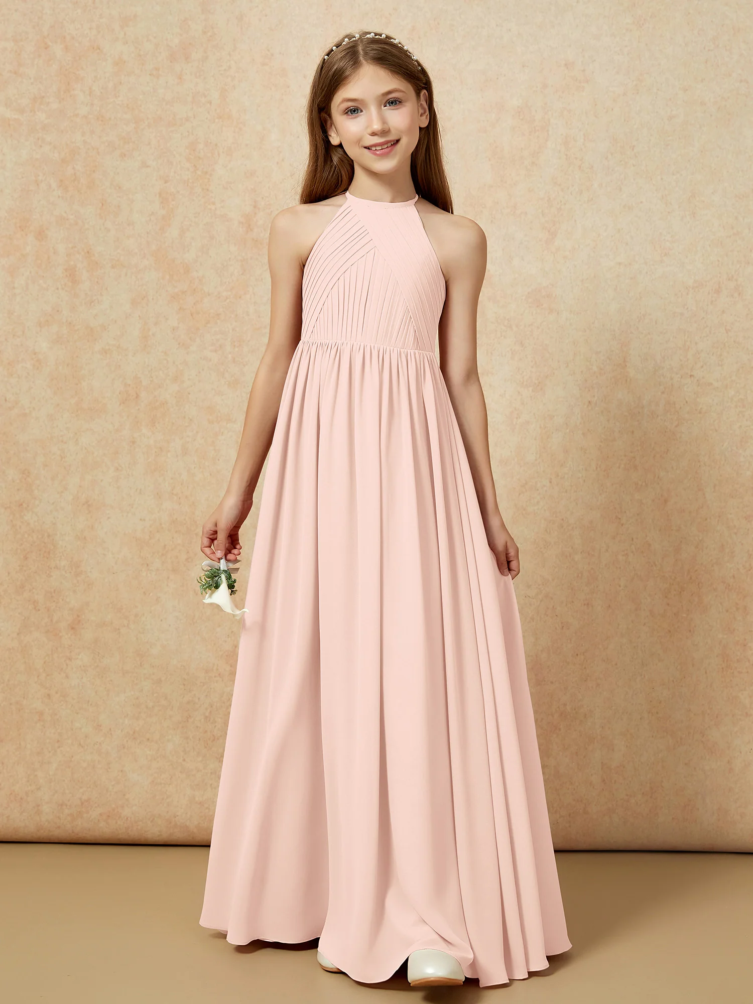 Halter Pleated Long Chiffon Junior Bridesmaid Dress Pearl Pink - Image 6