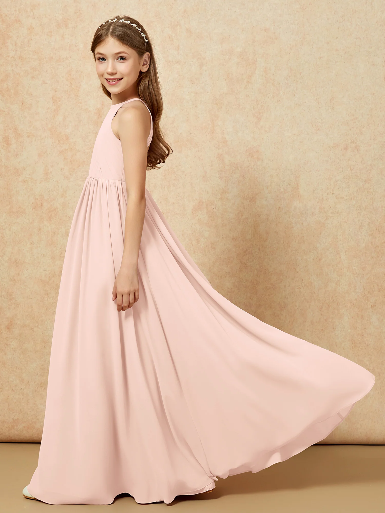 Halter Pleated Long Chiffon Junior Bridesmaid Dress Pearl Pink - Image 7