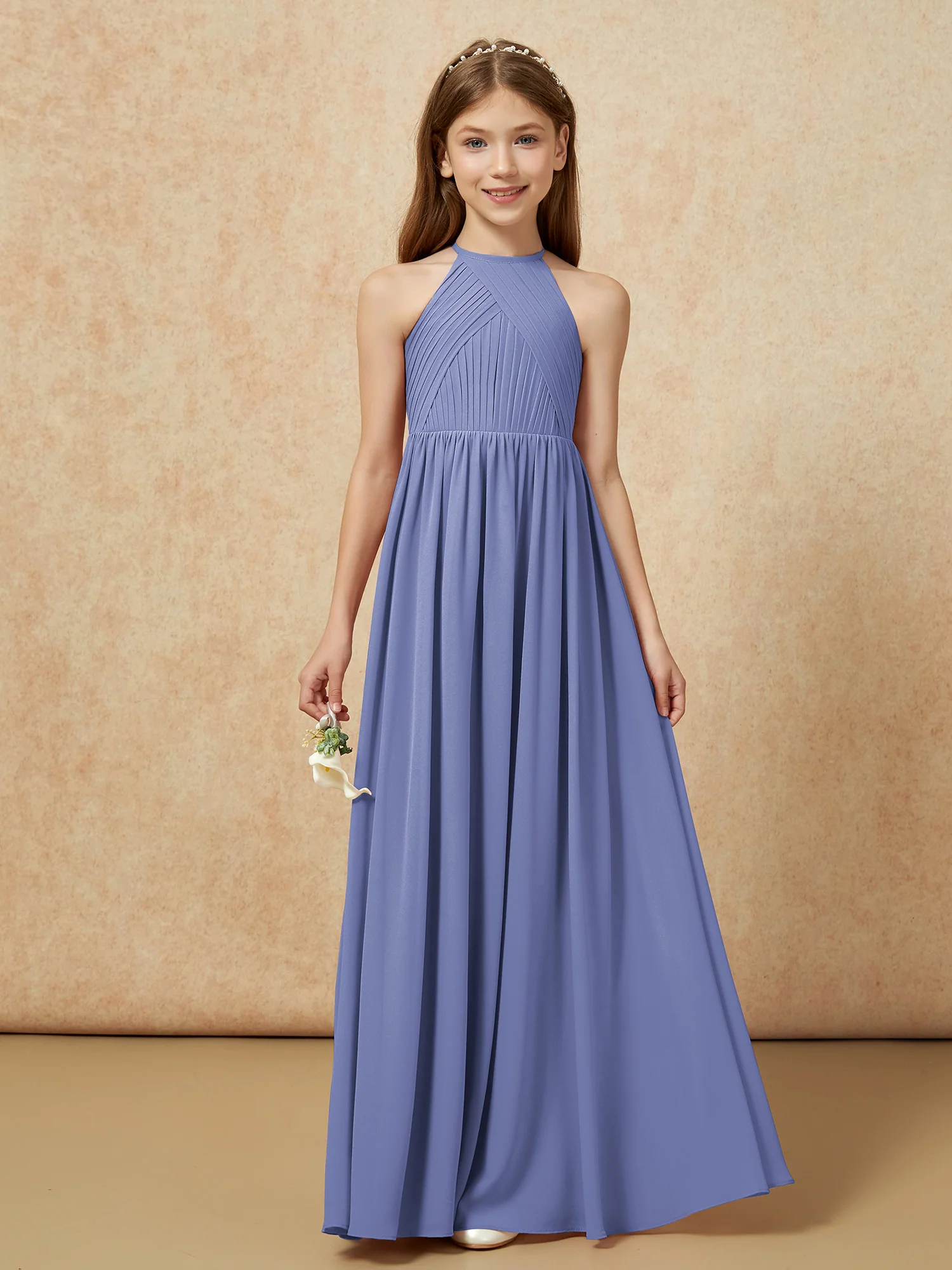 Halter Pleated Long Chiffon Junior Bridesmaid Dress Periwinkle