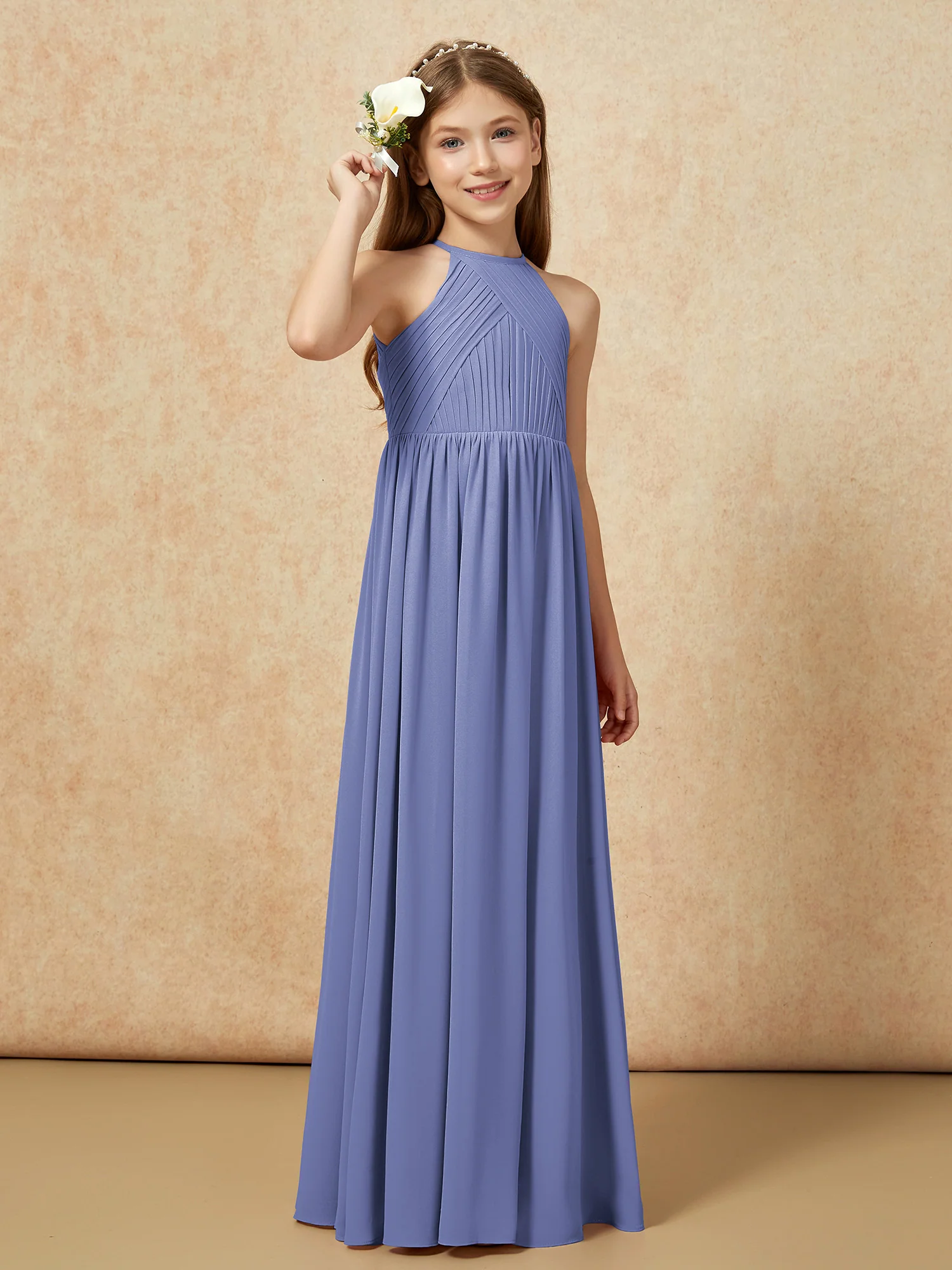 Halter Pleated Long Chiffon Junior Bridesmaid Dress Periwinkle - Image 4