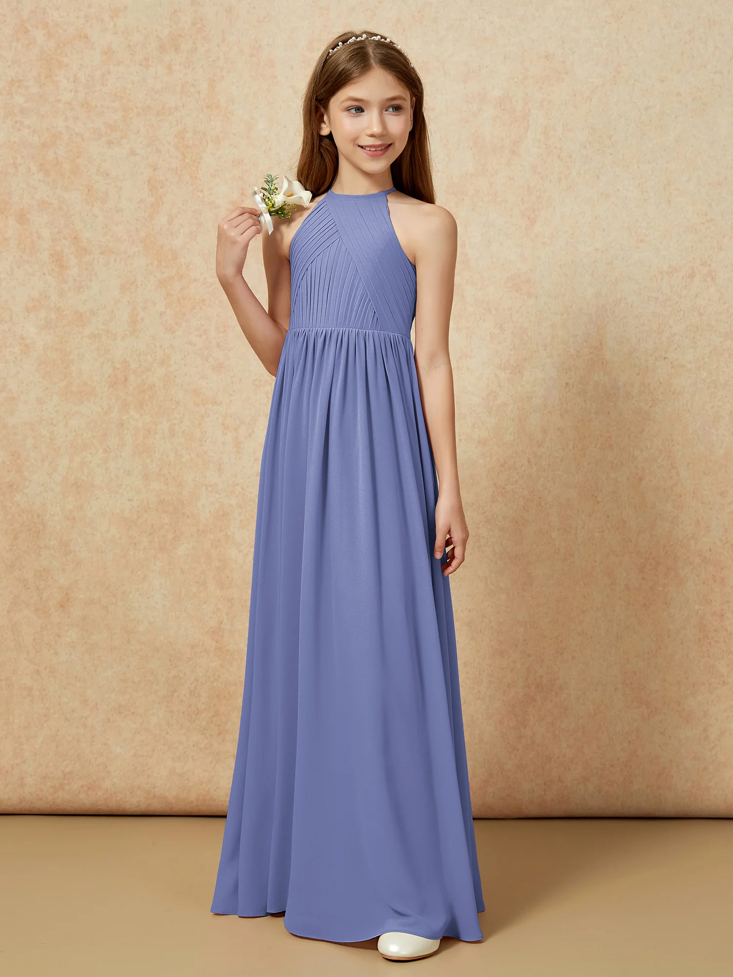 Halter Pleated Long Chiffon Junior Bridesmaid Dress Periwinkle - Image 5