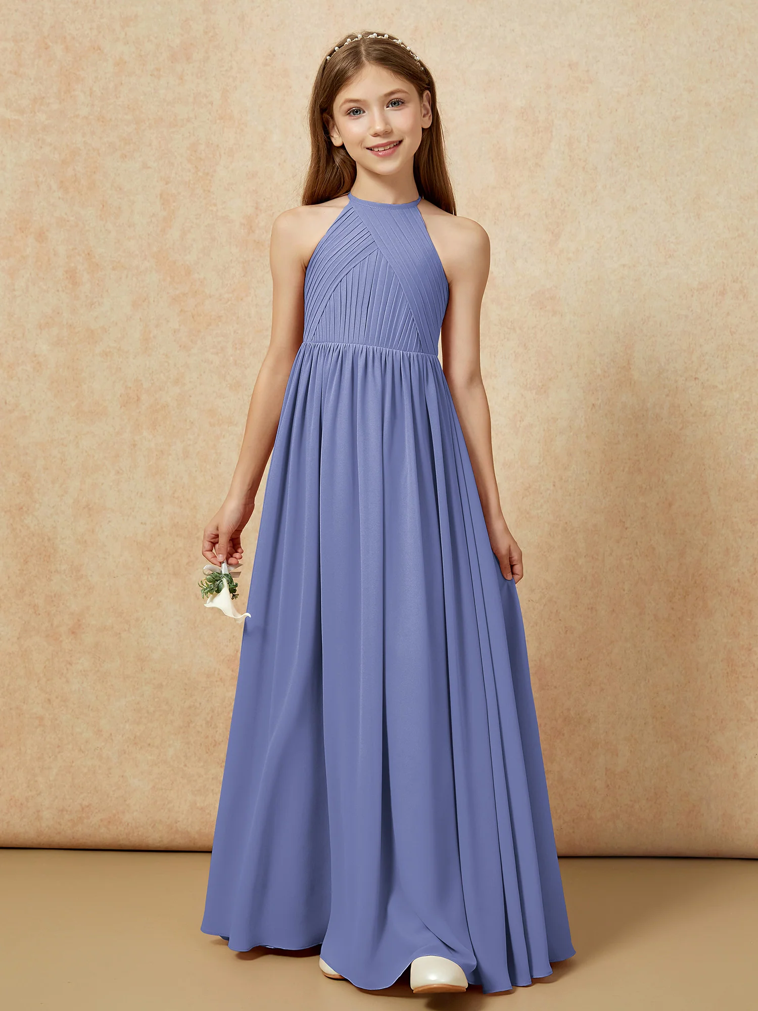 Halter Pleated Long Chiffon Junior Bridesmaid Dress Periwinkle - Image 6