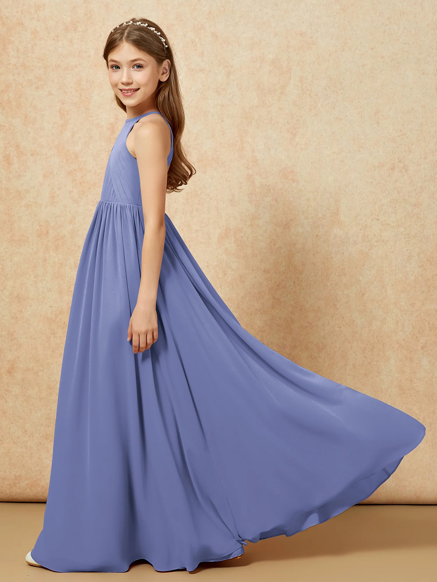 Halter Pleated Long Chiffon Junior Bridesmaid Dress Periwinkle - Image 7