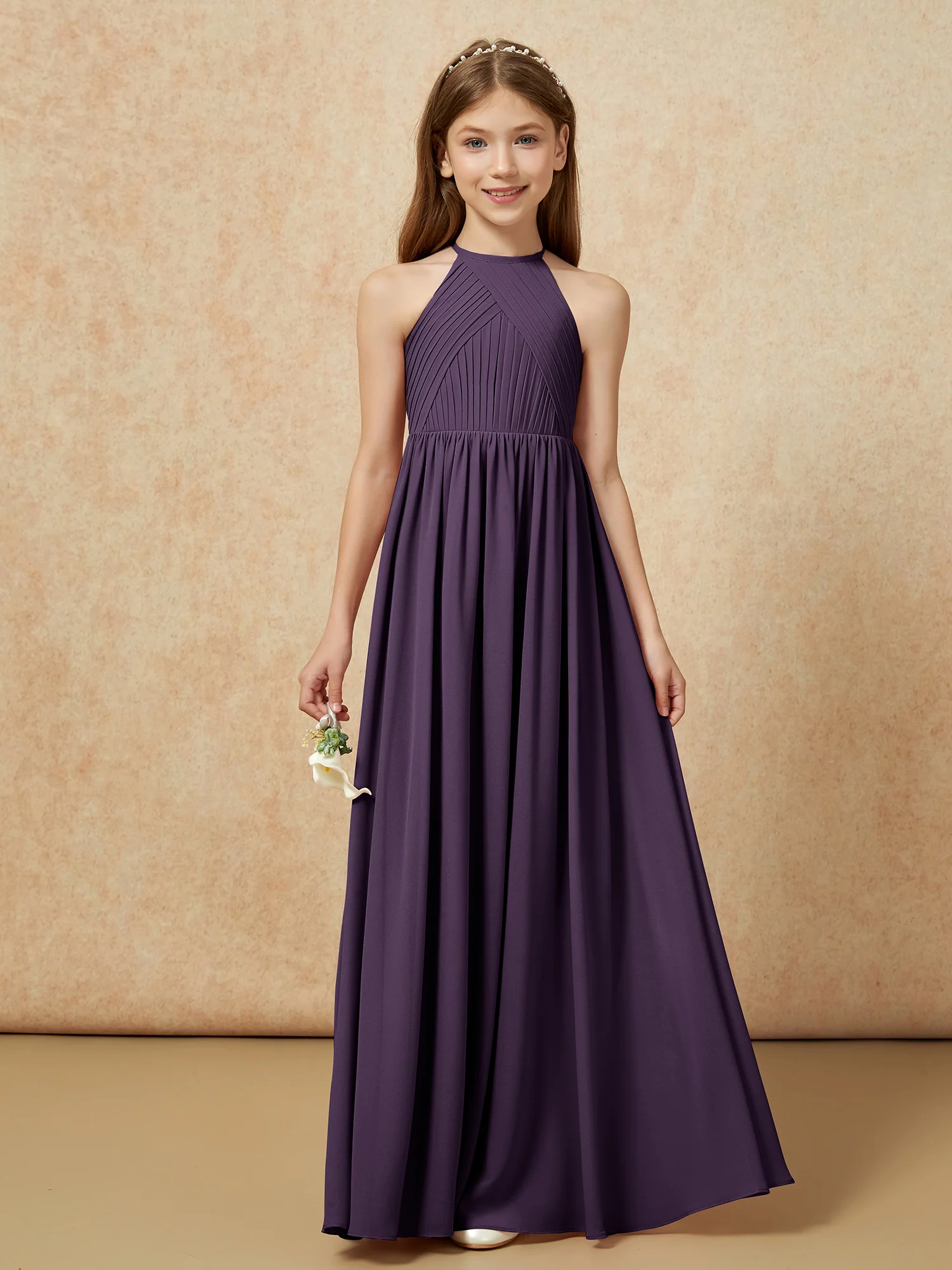 Halter Pleated Long Chiffon Junior Bridesmaid Dress Plum