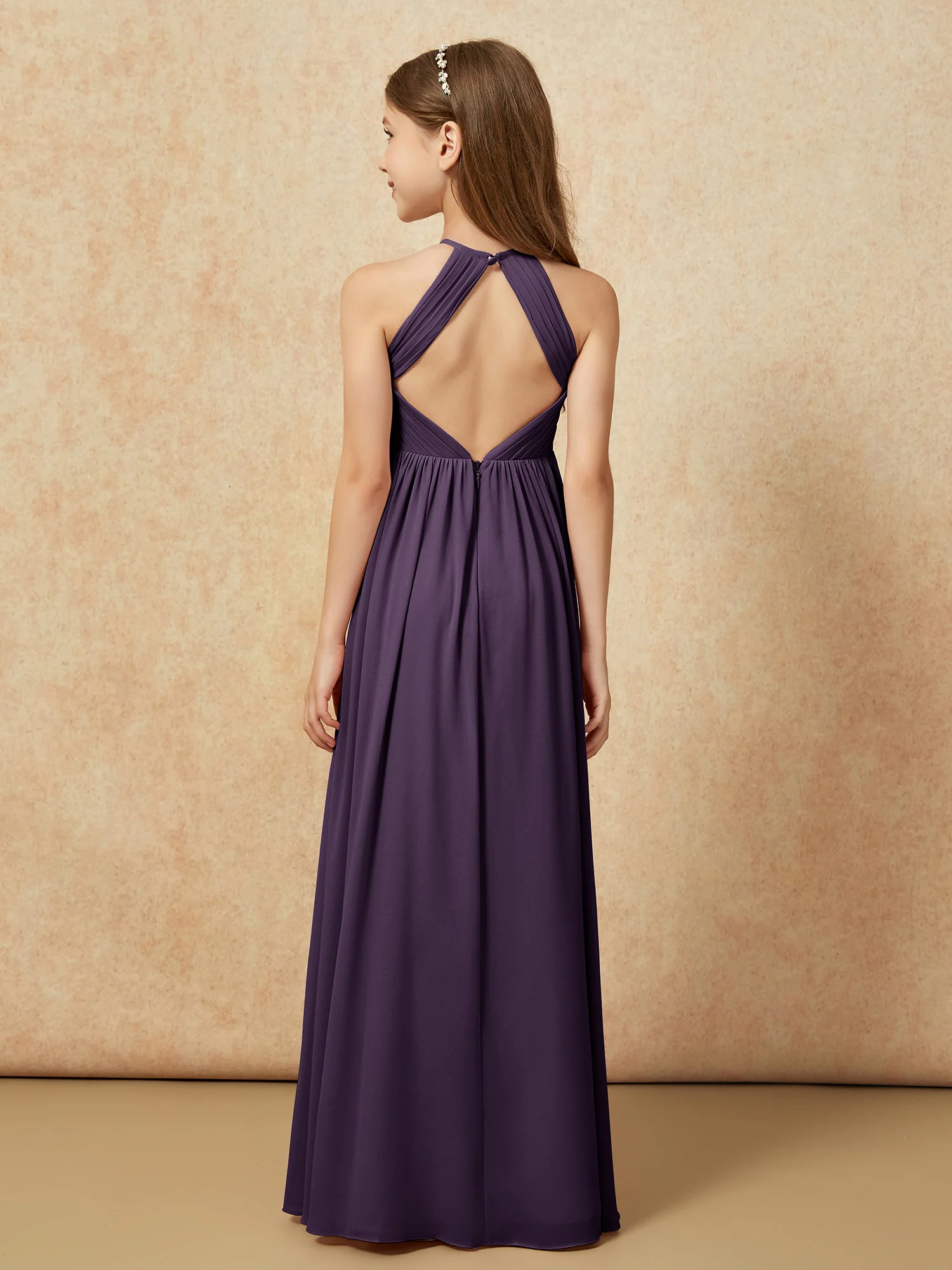 Halter Pleated Long Chiffon Junior Bridesmaid Dress Plum - Image 2