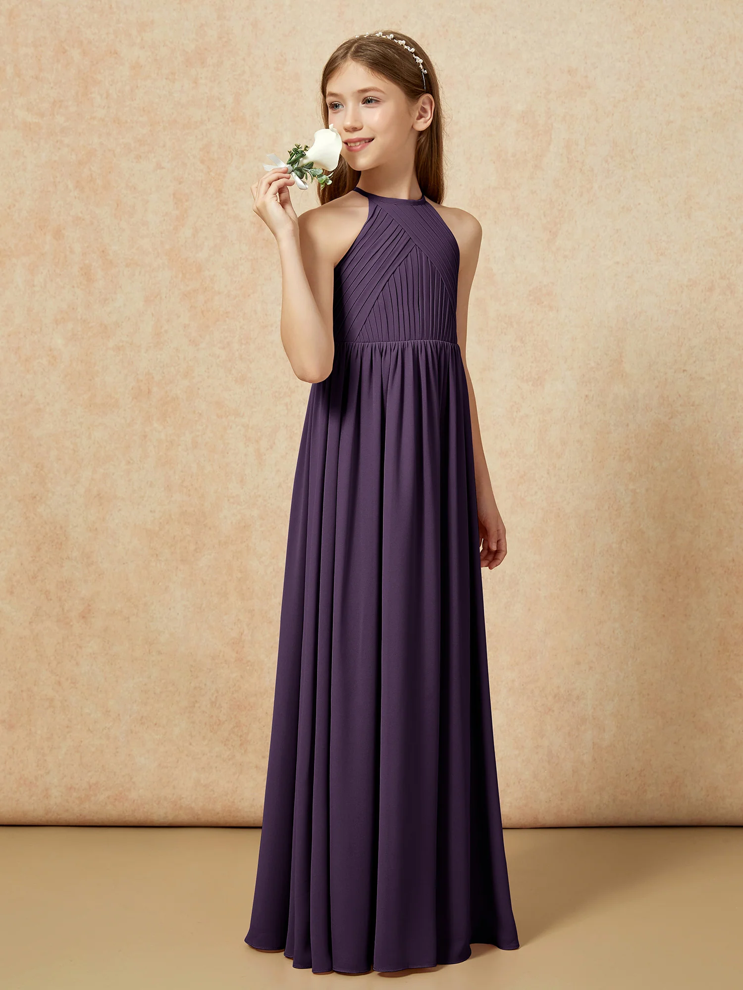 Halter Pleated Long Chiffon Junior Bridesmaid Dress Plum - Image 3