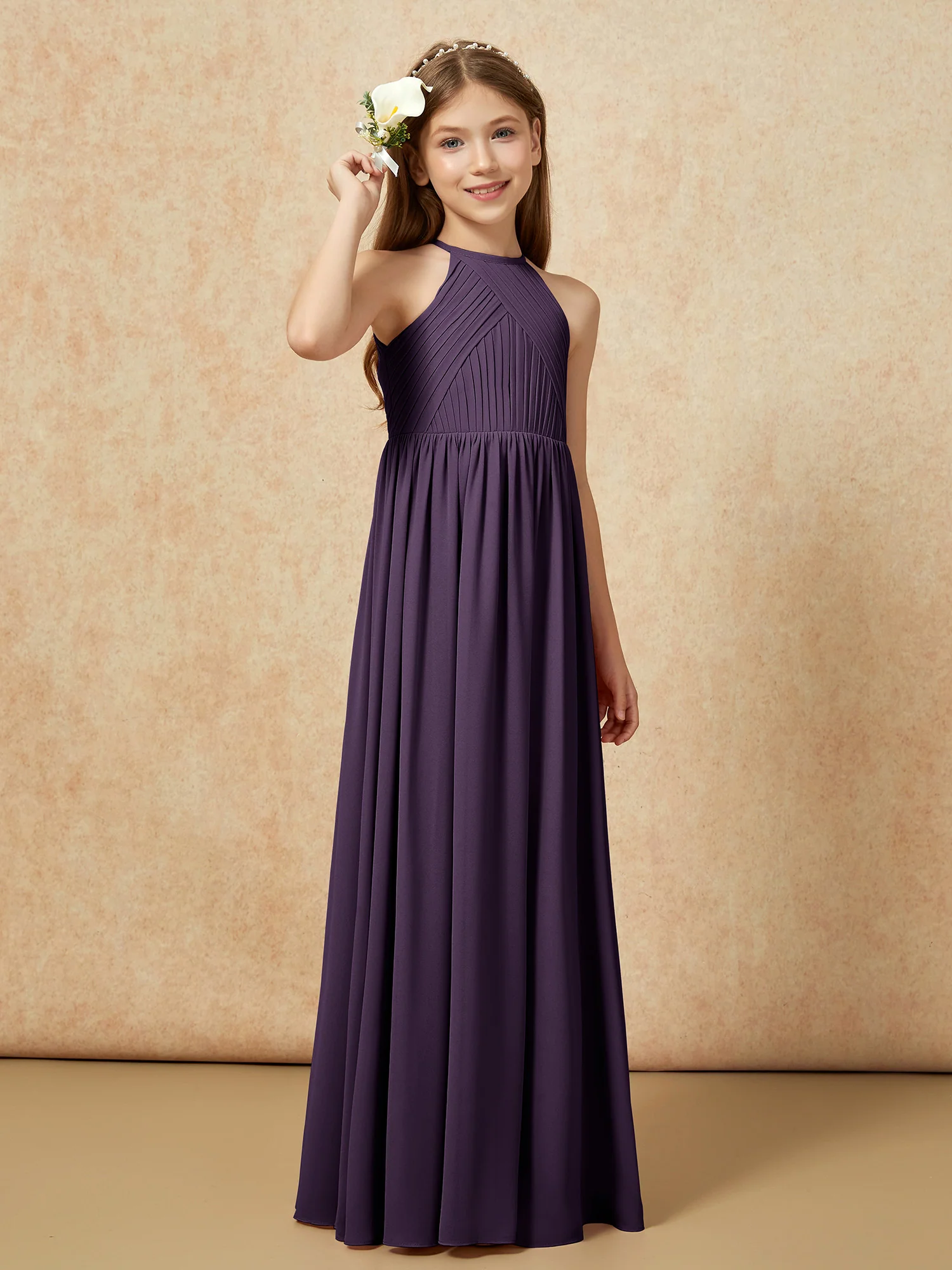 Halter Pleated Long Chiffon Junior Bridesmaid Dress Plum - Image 4