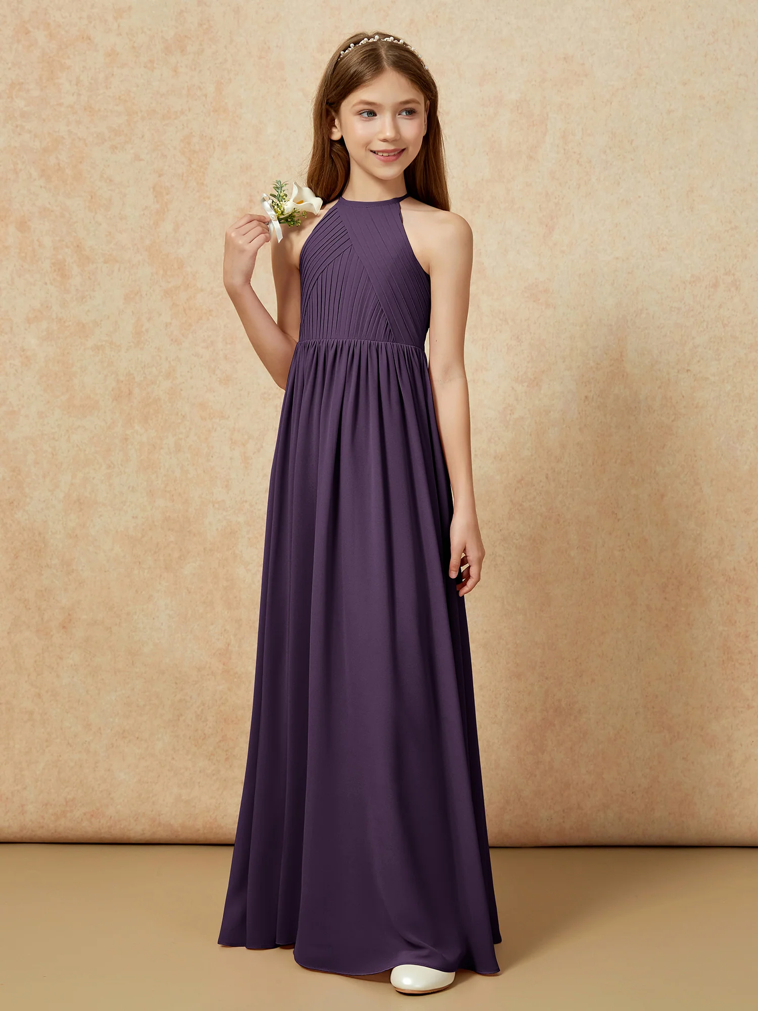 Halter Pleated Long Chiffon Junior Bridesmaid Dress Plum - Image 5