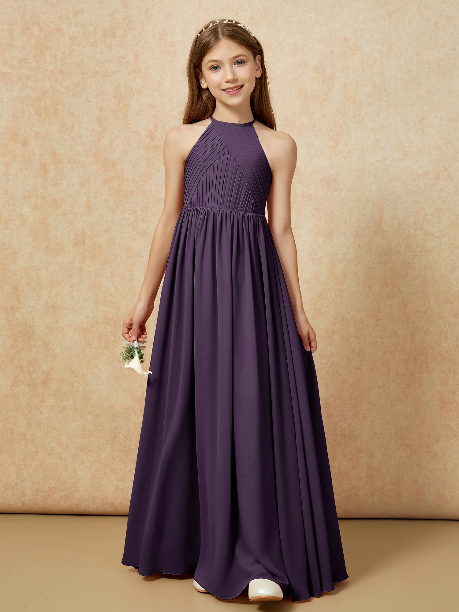 Halter Pleated Long Chiffon Junior Bridesmaid Dress Plum - Image 6