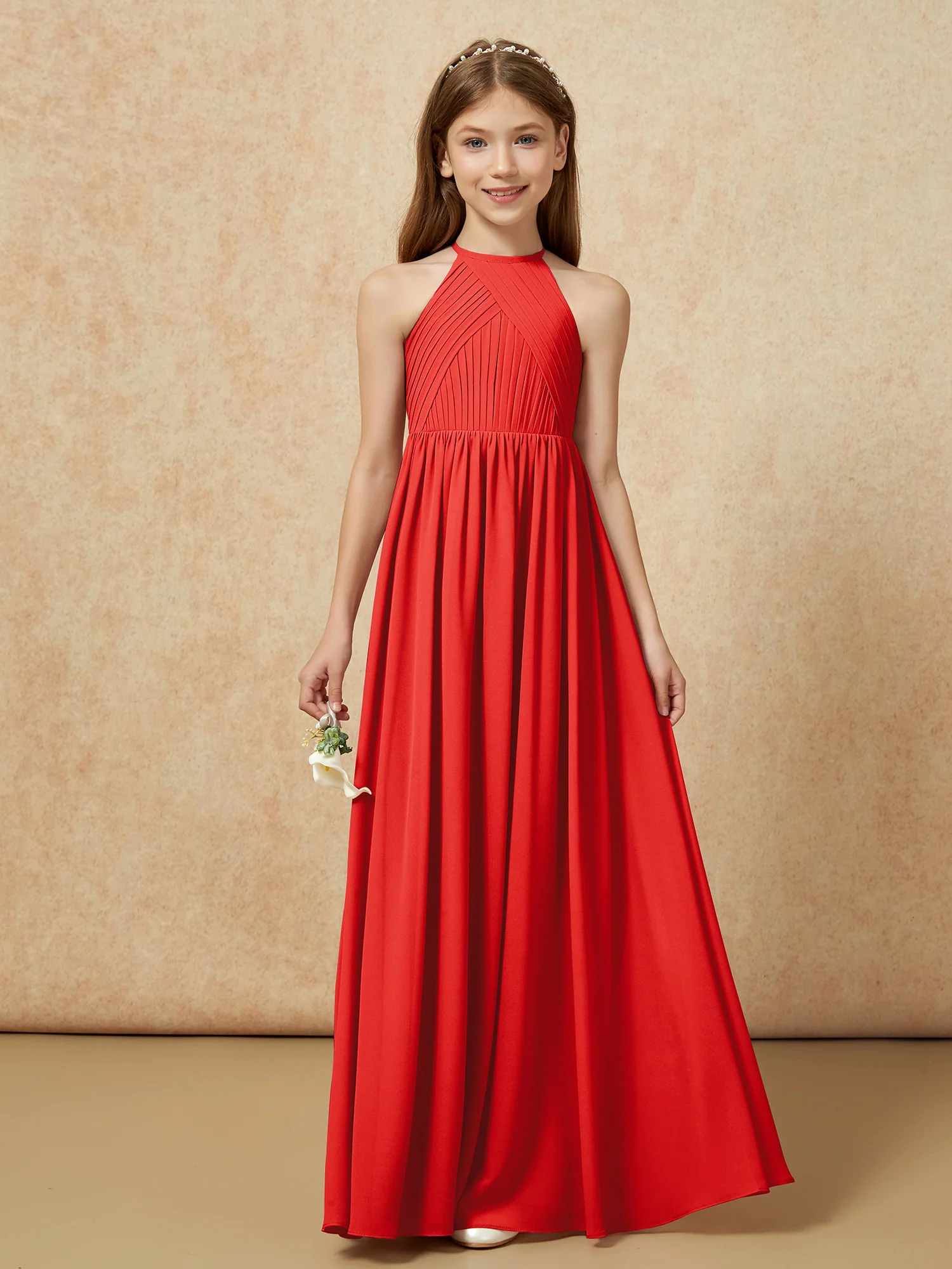 Halter Pleated Long Chiffon Junior Bridesmaid Dress Red