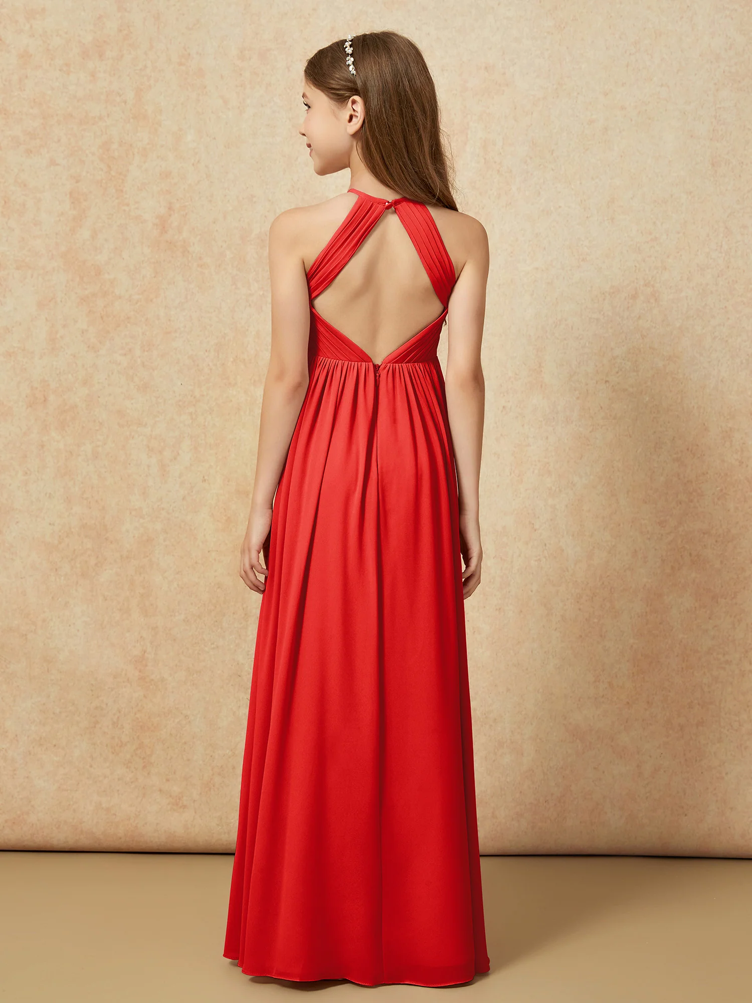 Halter Pleated Long Chiffon Junior Bridesmaid Dress Red - Image 2