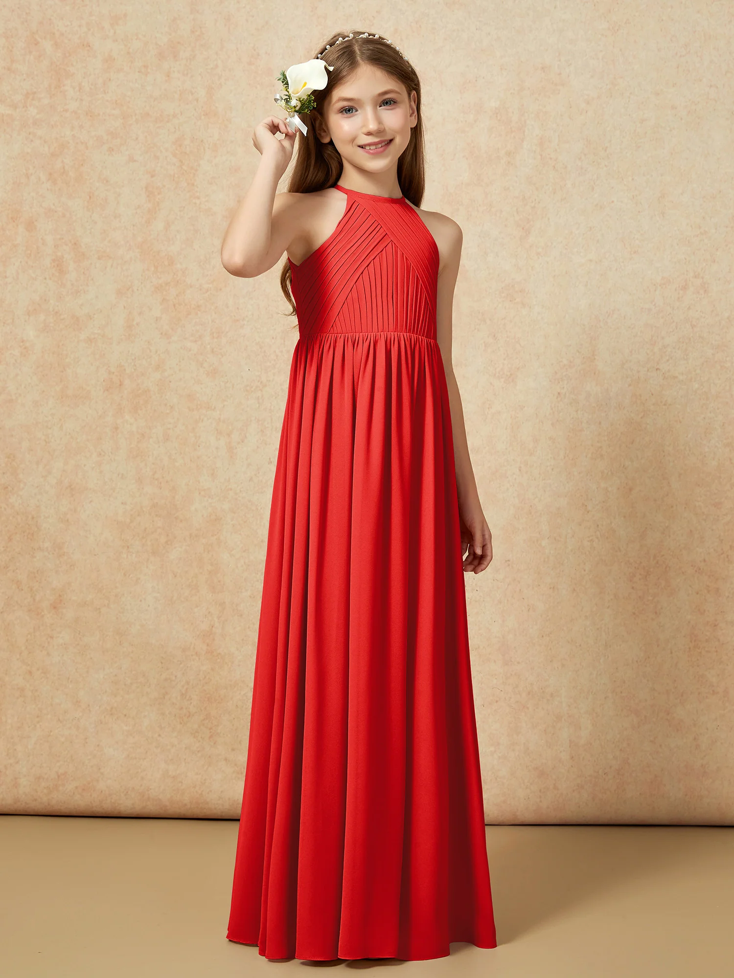 Halter Pleated Long Chiffon Junior Bridesmaid Dress Red - Image 4