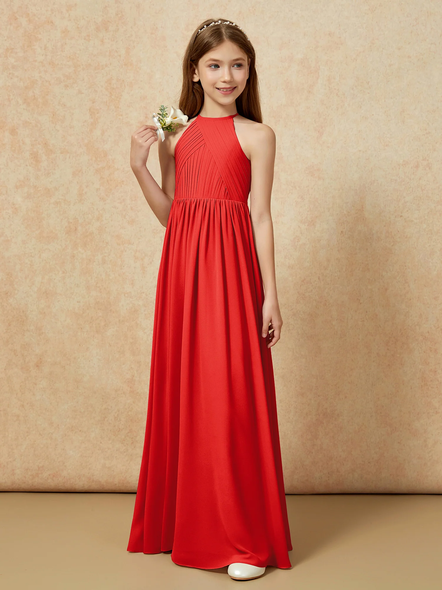 Halter Pleated Long Chiffon Junior Bridesmaid Dress Red - Image 5