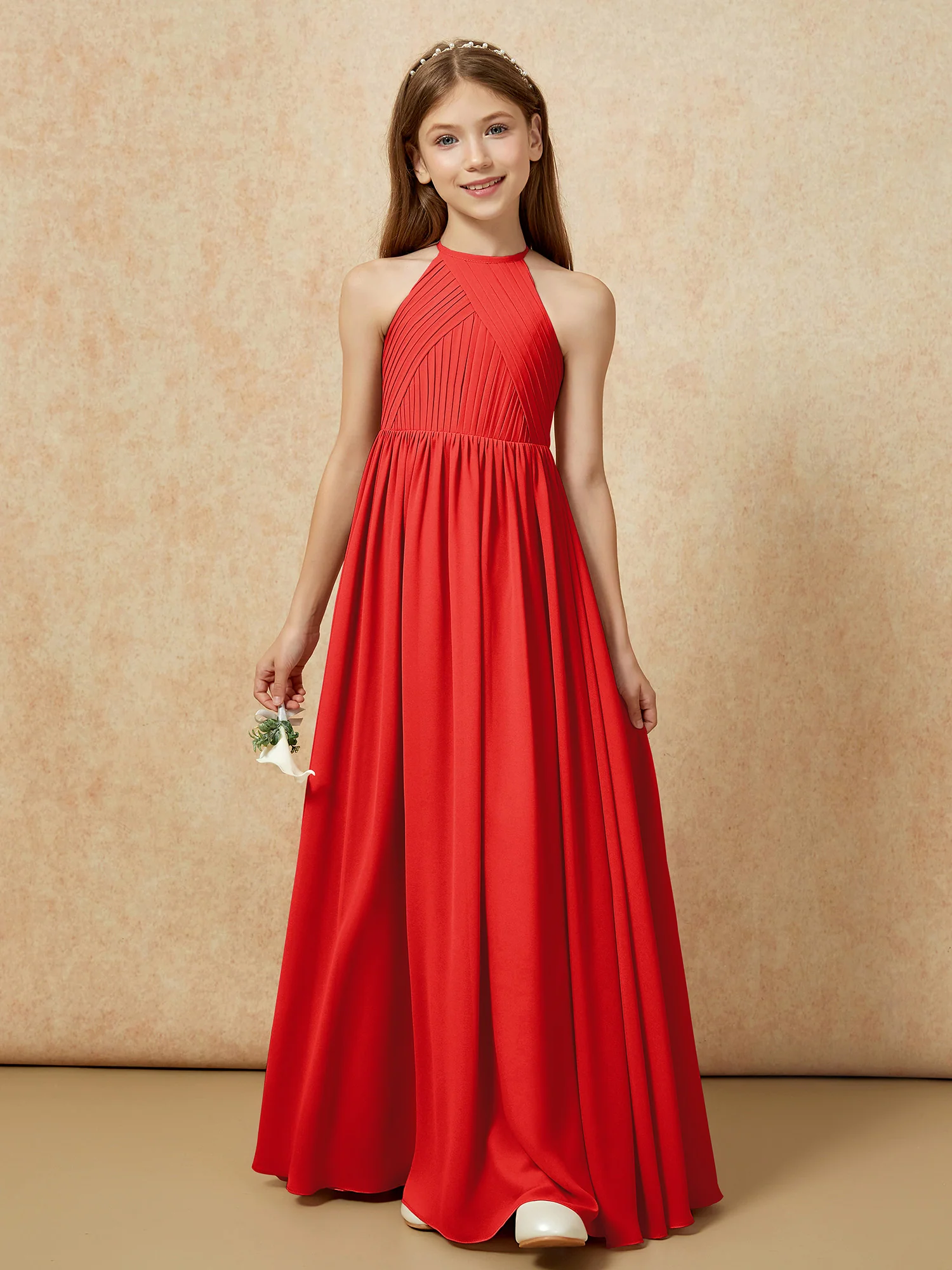 Halter Pleated Long Chiffon Junior Bridesmaid Dress Red - Image 6