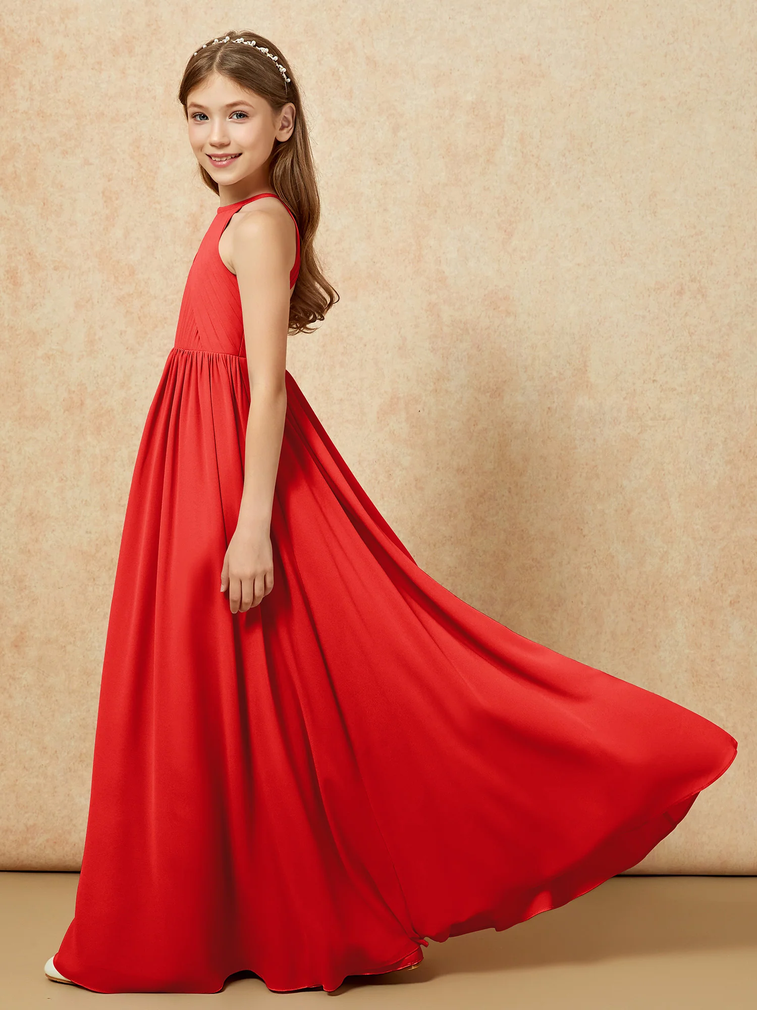 Halter Pleated Long Chiffon Junior Bridesmaid Dress Red - Image 7