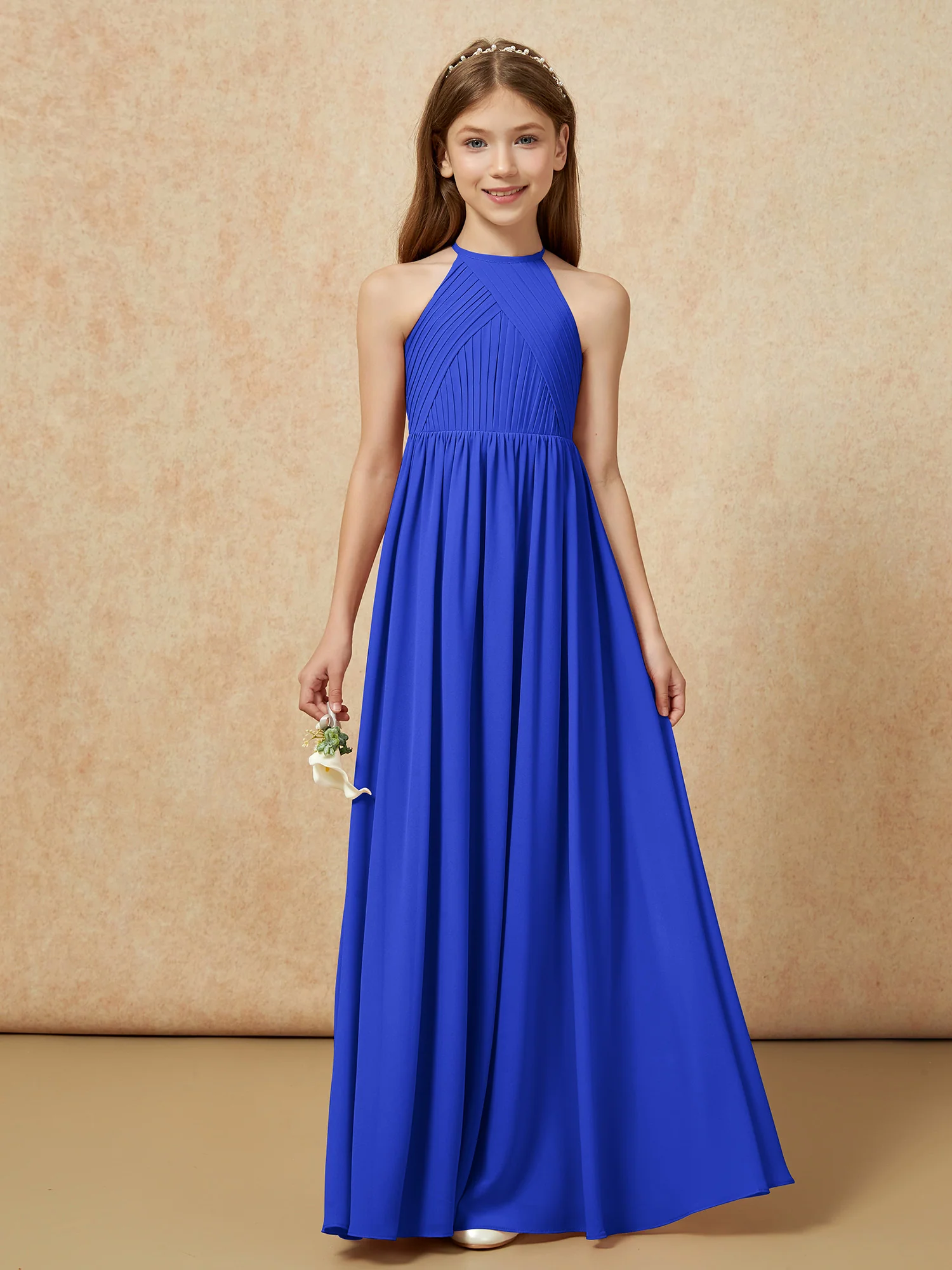 Halter Pleated Long Chiffon Junior Bridesmaid Dress Royal Blue