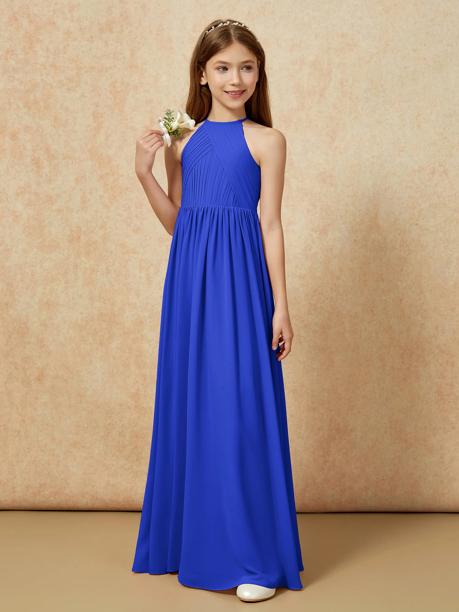 Halter Pleated Long Chiffon Junior Bridesmaid Dress Royal Blue - Image 5