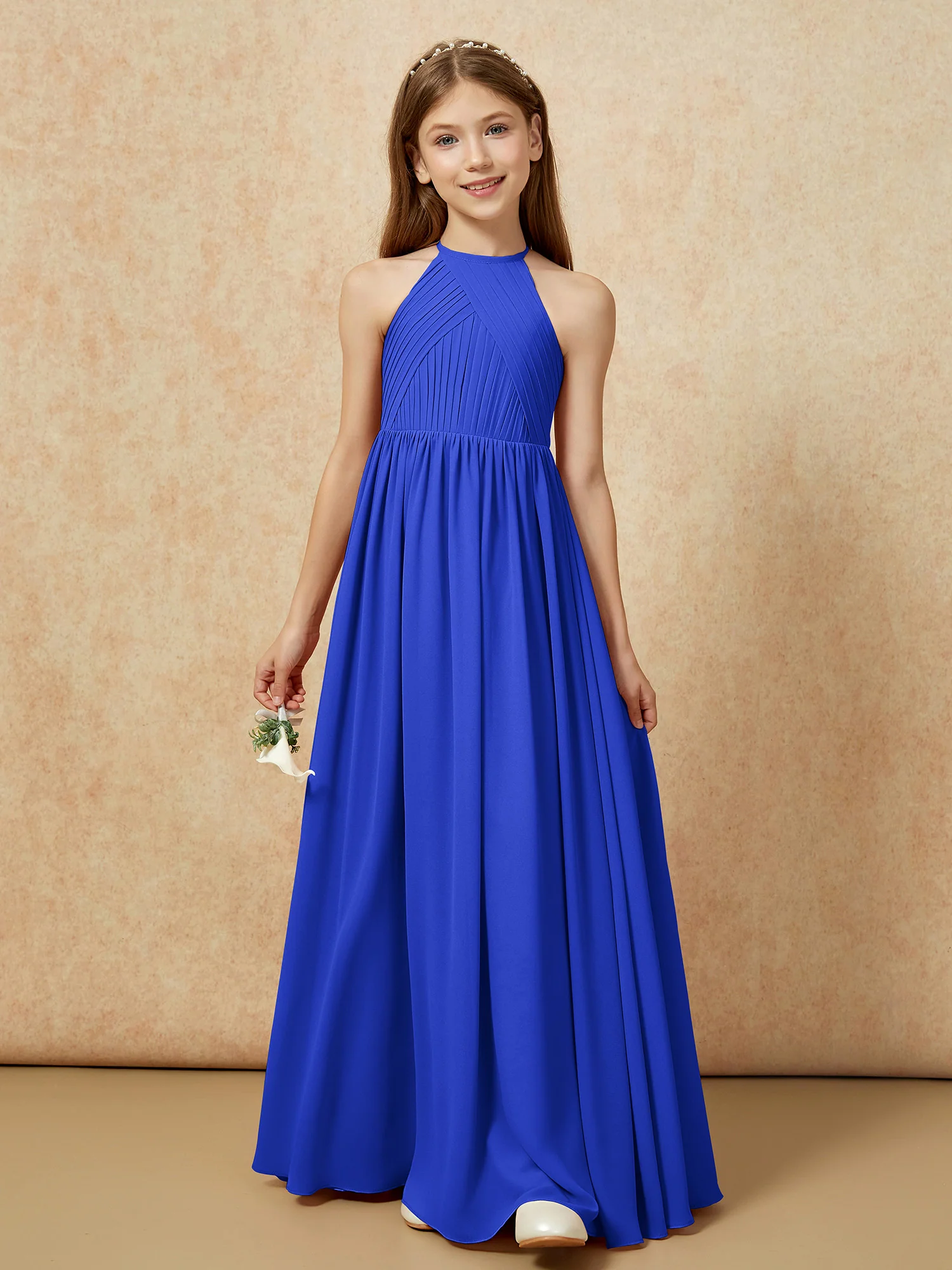 Halter Pleated Long Chiffon Junior Bridesmaid Dress Royal Blue - Image 6