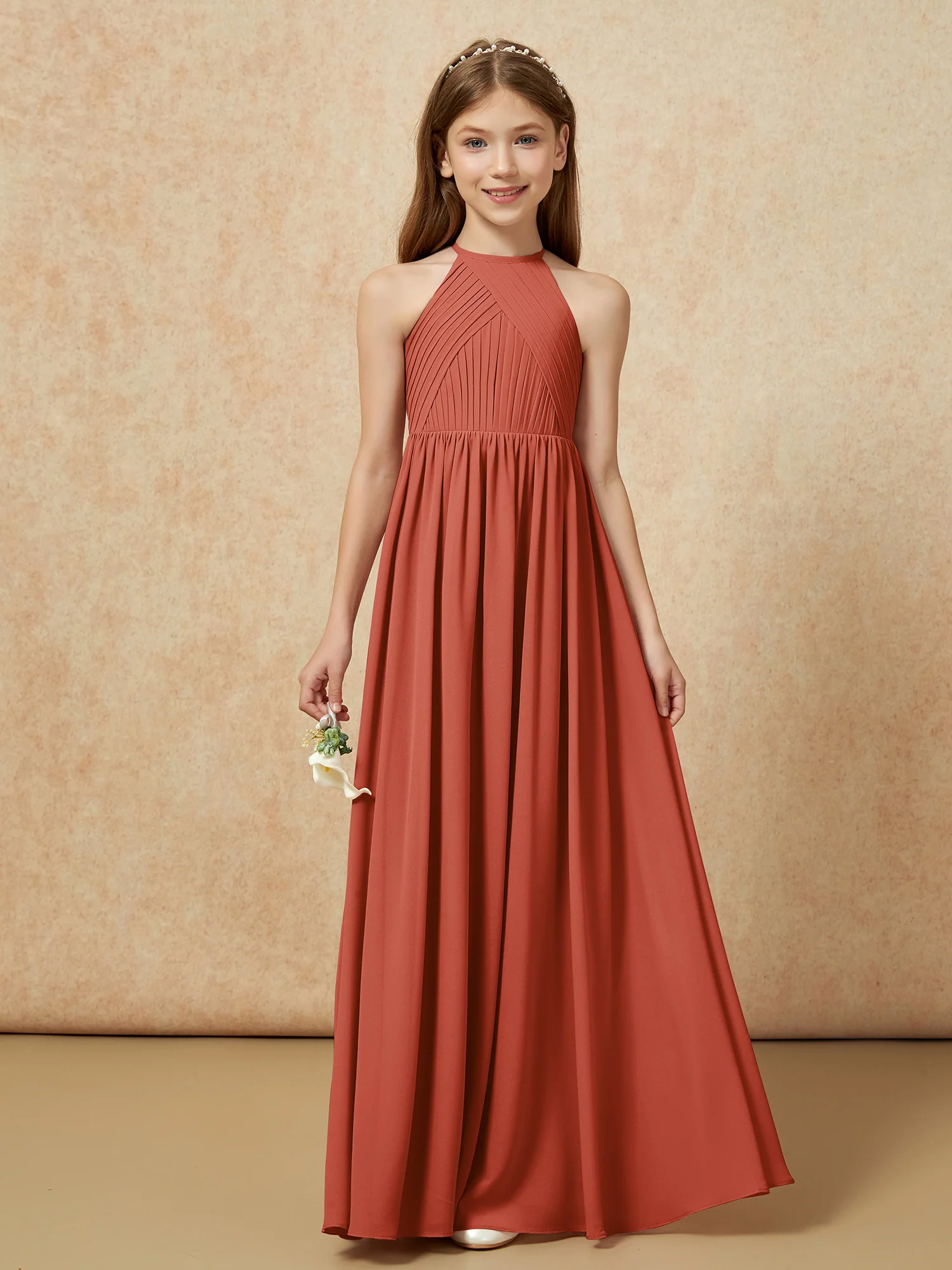 Halter Pleated Long Chiffon Junior Bridesmaid Dress Rust